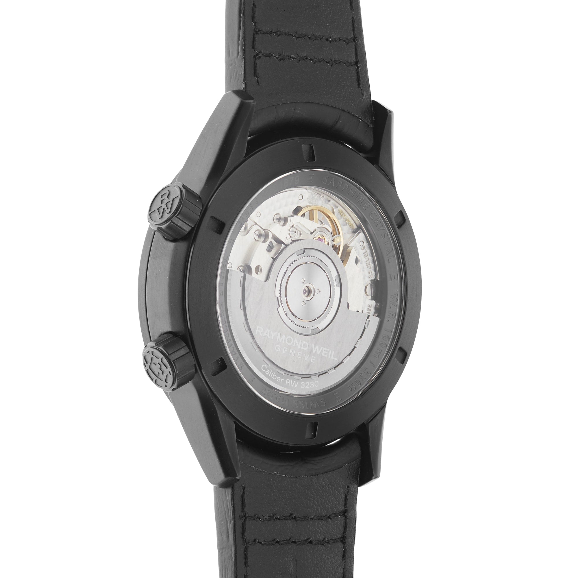 Close-up side view of the Raymond Weil Freelancer GMT Worldtimer Black Dial, featuring a stainless steel case with transparent back displaying the mechanical movement, paired with a black leather strap.