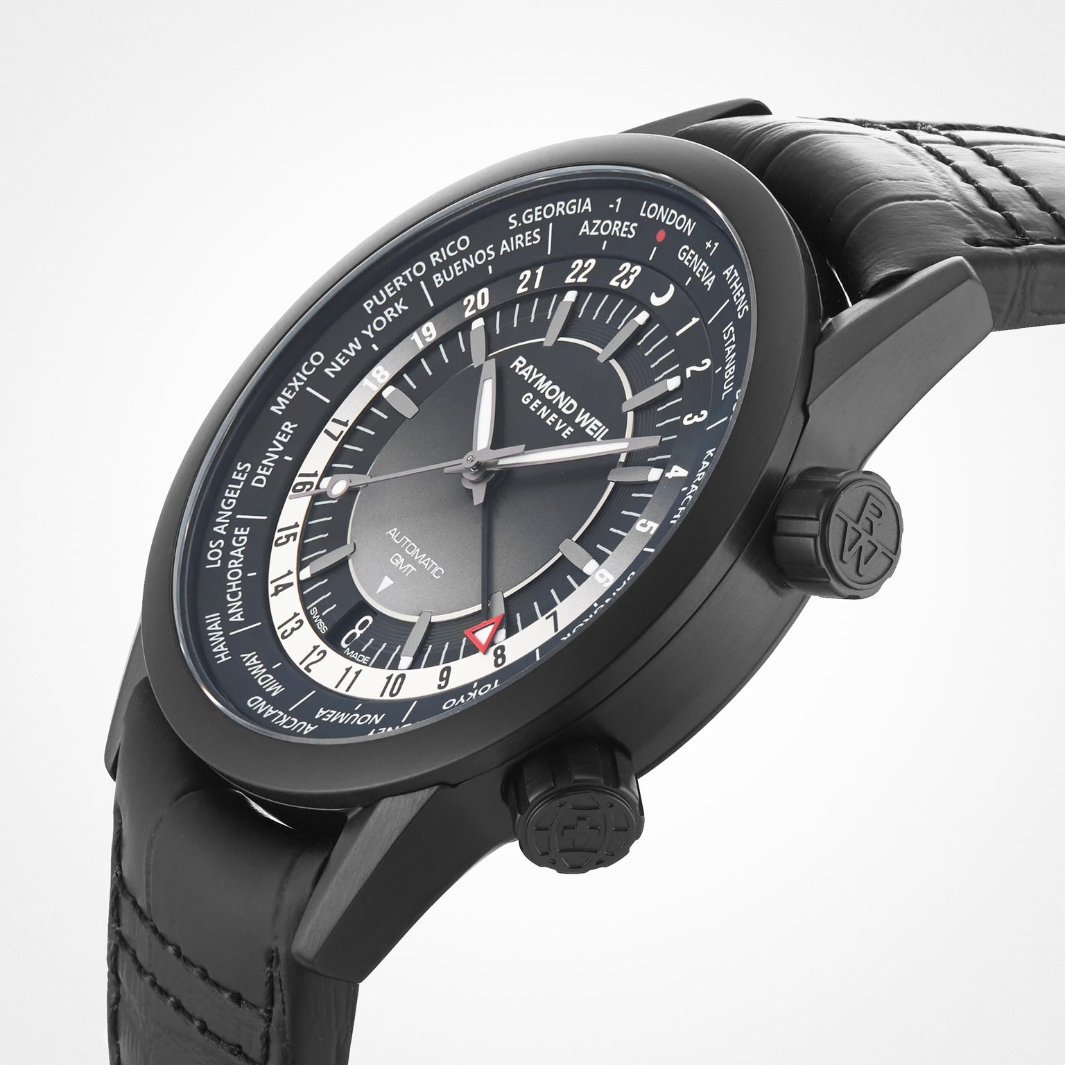 The Raymond Weil Freelancer GMT Worldtimer Black Dial features a stainless steel case, world time bezel with city names, and a sleek black leather strap.