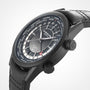 The Raymond Weil Freelancer GMT Worldtimer Black Dial features a stainless steel case, world time bezel with city names, and a sleek black leather strap.