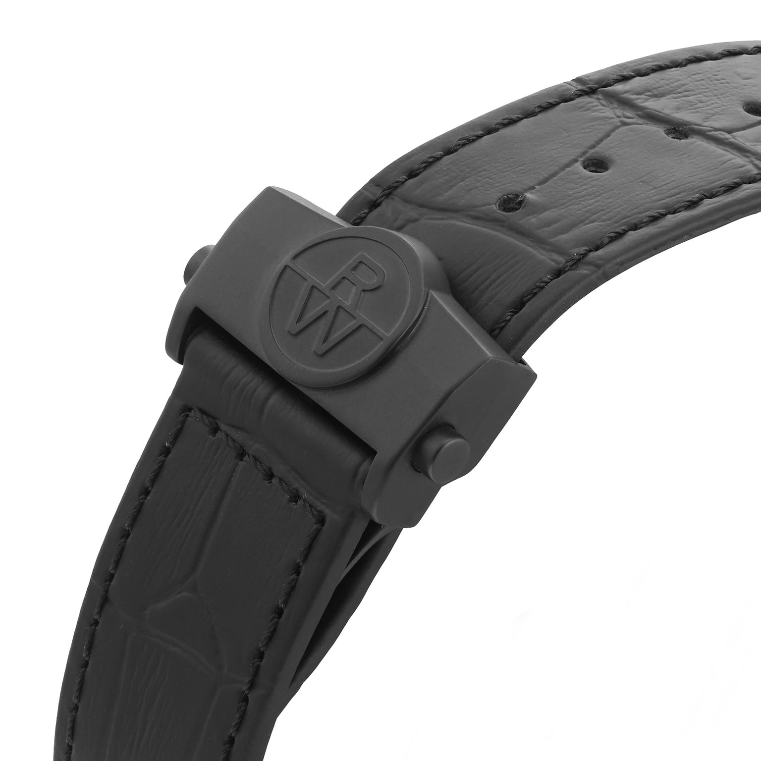 Close-up of a black leather strap on the Raymond Weil Freelancer GMT Worldtimer Black Dial, featuring a matte black clasp engraved with the RW logo.