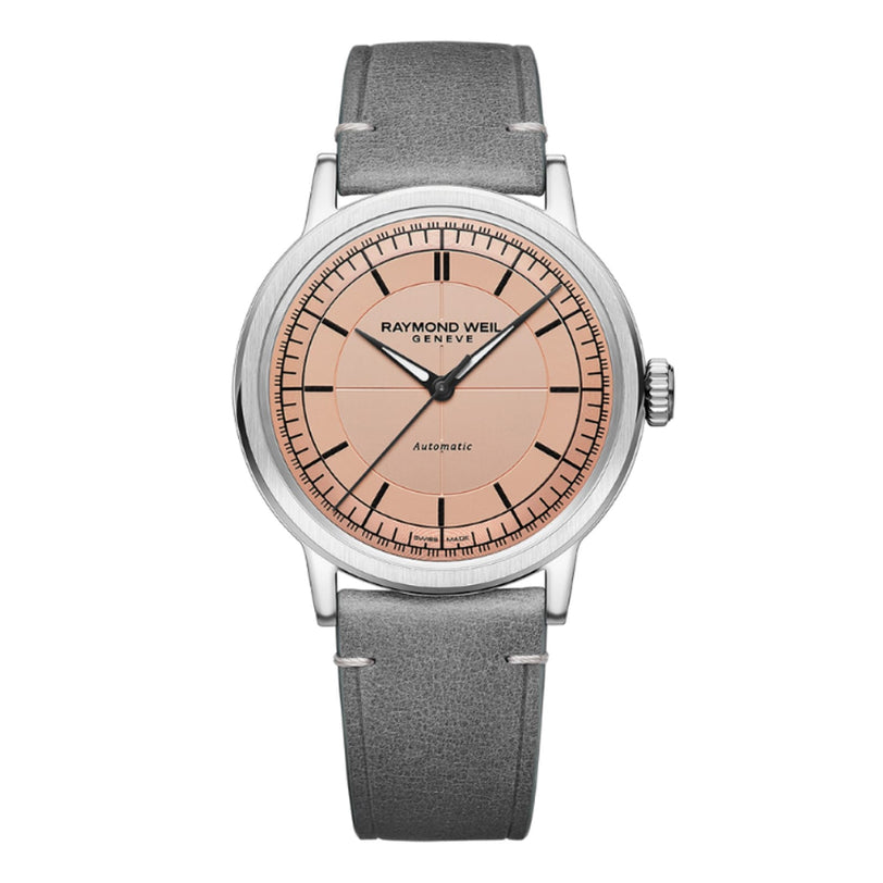 The Raymond Weil Millesime Automatic Salmon Sector Dial is a Swiss-made wristwatch with a salmon dial, black hour markers, silver case, and grey leather strap—showcasing the brands heritage in luxury watchmaking.
