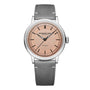 The Raymond Weil Millesime Automatic Salmon Sector Dial is a Swiss-made wristwatch with a salmon dial, black hour markers, silver case, and grey leather strap—showcasing the brands heritage in luxury watchmaking.