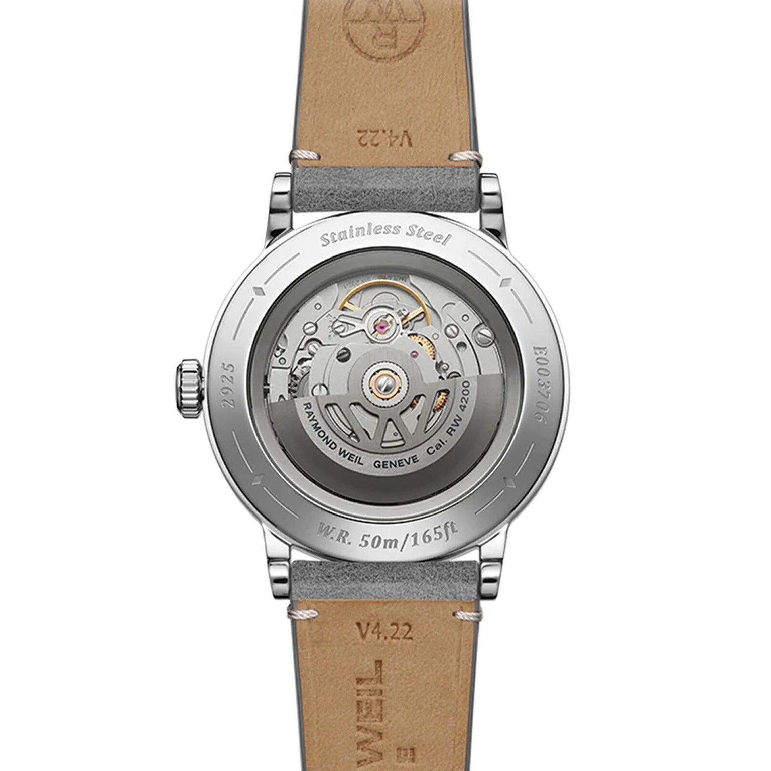Back view of the Raymond Weil Millesime Automatic Salmon Sector Dial, featuring its Swiss-made mechanical movement, stainless steel case, leather strap, and 50m/165ft water resistance—a testament to luxury watchmaking.
