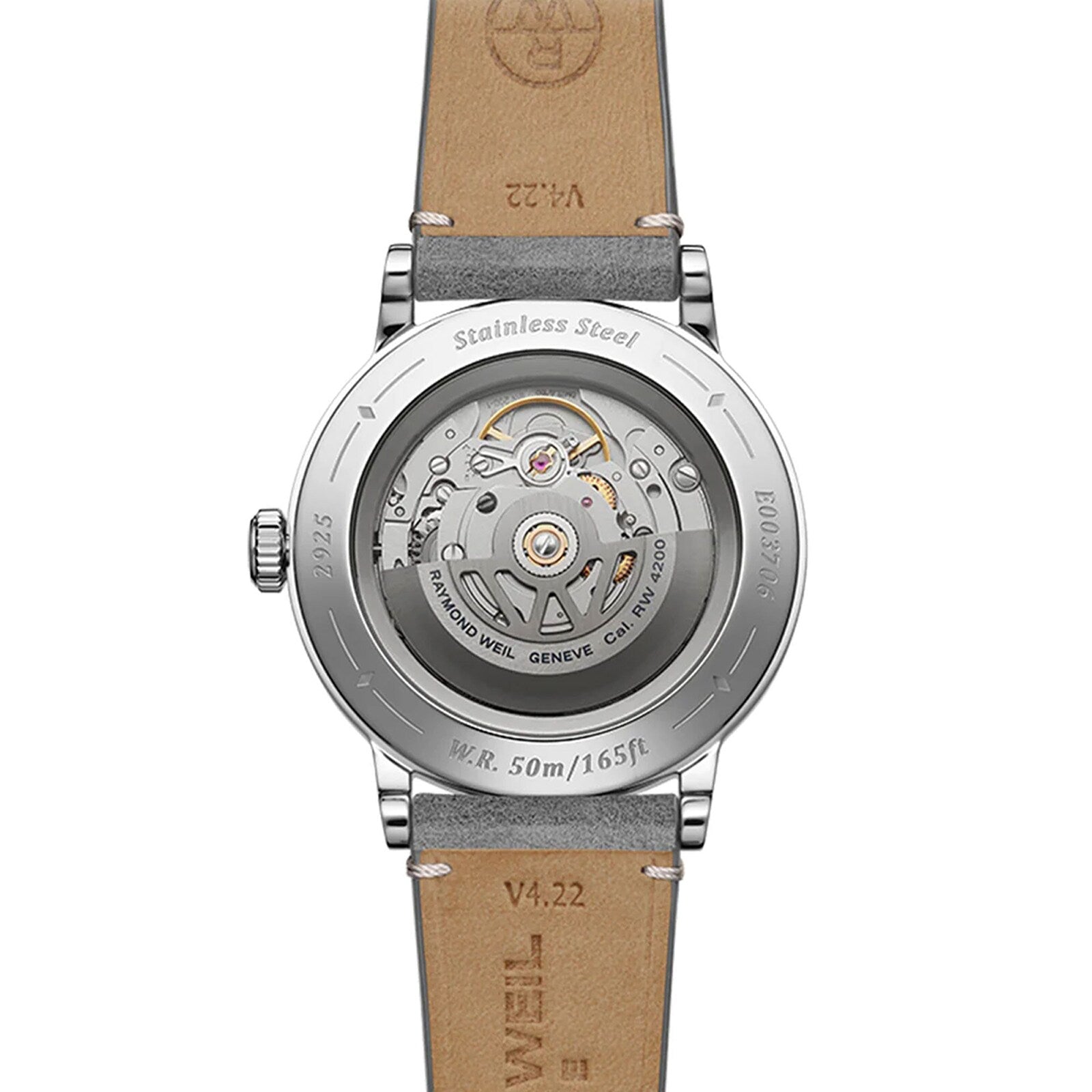 Back view of the Raymond Weil Millesime Automatic Salmon Sector Dial, featuring its Swiss-made mechanical movement, stainless steel case, leather strap, and 50m/165ft water resistance—a testament to luxury watchmaking.
