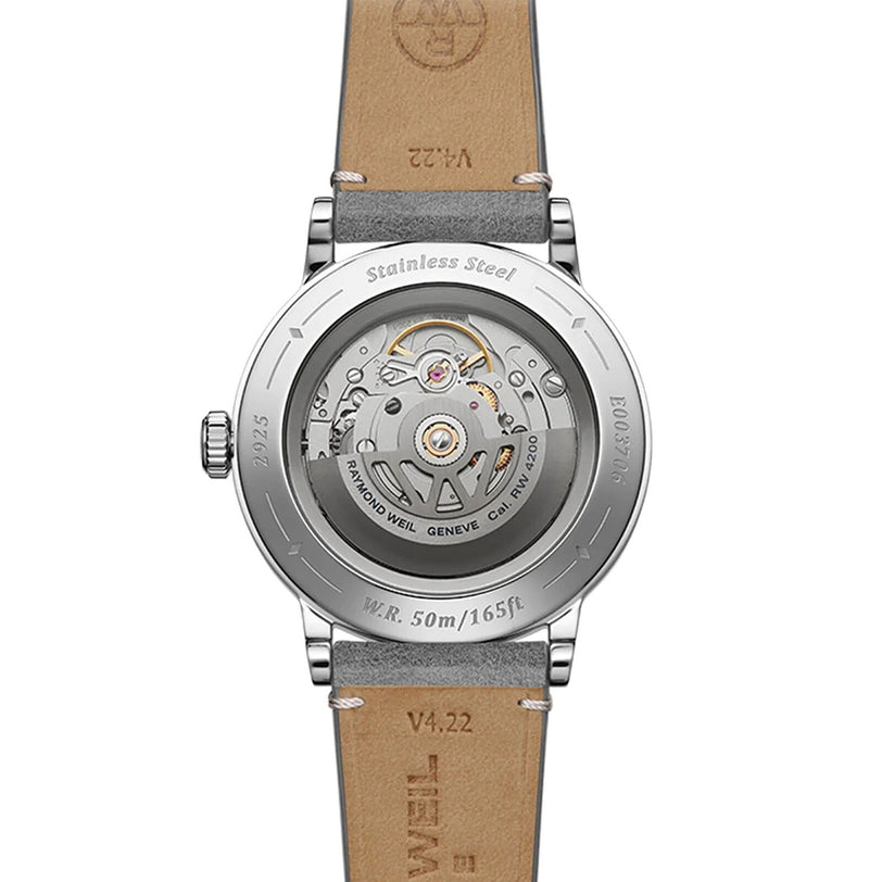 Back view of the Raymond Weil Millesime Automatic Salmon Sector Dial, featuring its Swiss-made mechanical movement, stainless steel case, leather strap, and 50m/165ft water resistance—a testament to luxury watchmaking.