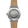 Back view of the Raymond Weil Millesime Automatic Salmon Sector Dial, featuring its Swiss-made mechanical movement, stainless steel case, leather strap, and 50m/165ft water resistance—a testament to luxury watchmaking.