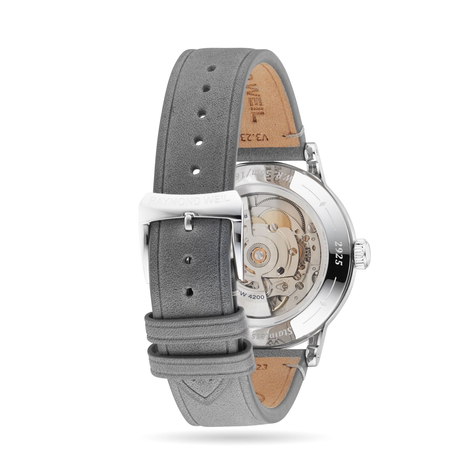 The Raymond Weil Millesime Automatic Salmon Sector Dial features a Swiss-made mechanical movement, visible through the open back case and paired with a grey leather strap—a true display of luxury watchmaking.