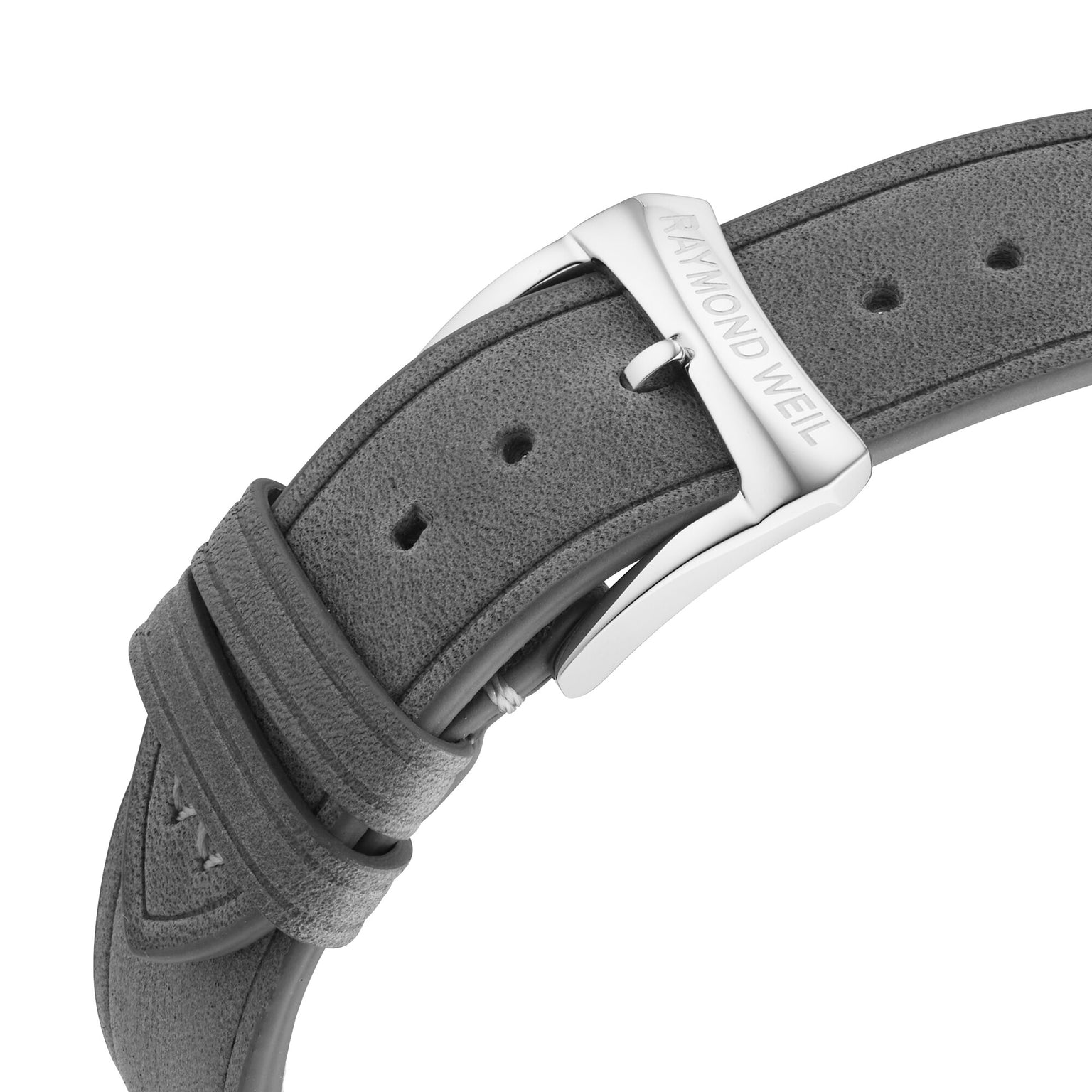 Close-up of a grey leather strap with a silver buckle engraved Raymond Weil, featured on the Millesime Automatic Salmon Sector Dial, showcasing Swiss-made precision and luxury watchmaking excellence.