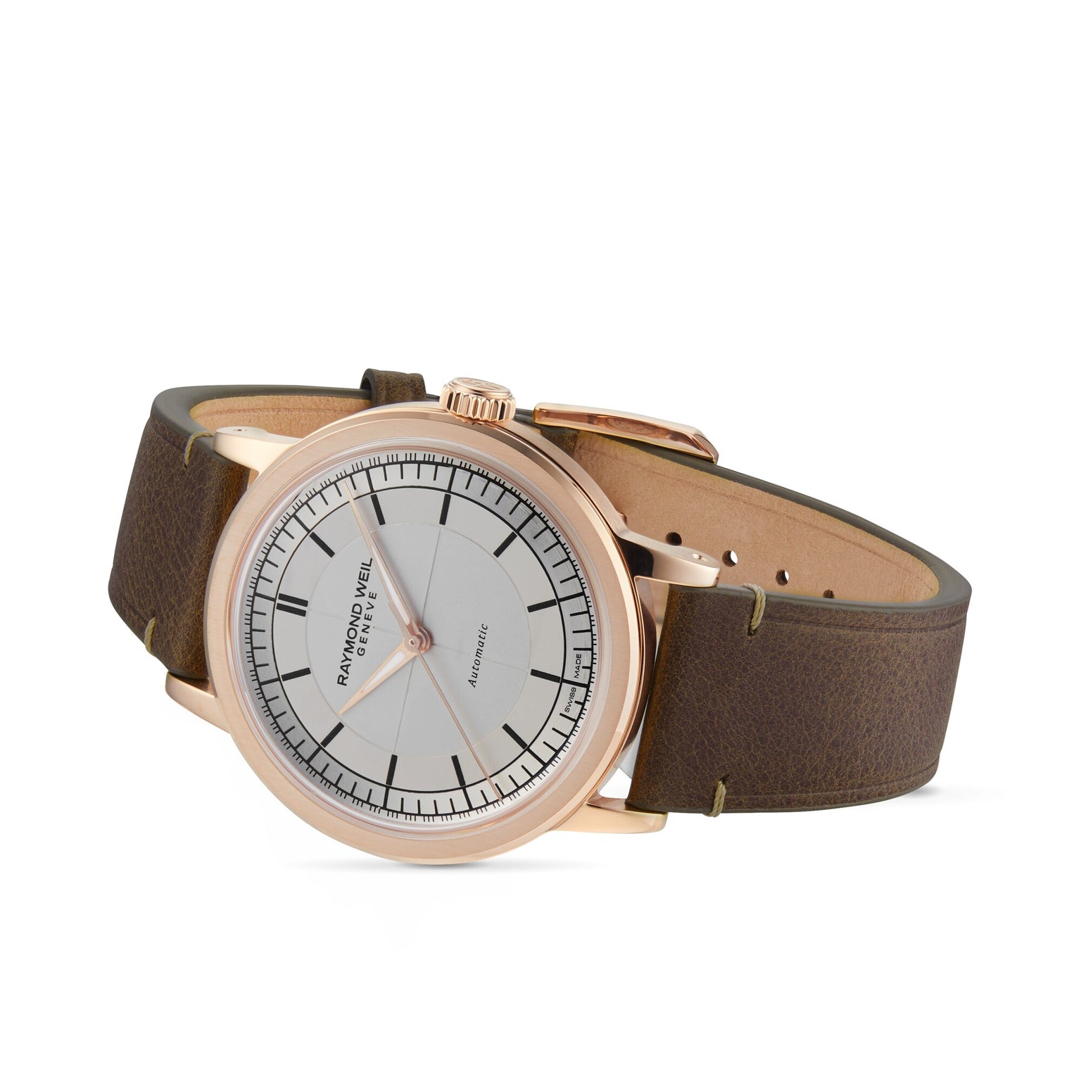 The Raymond Weil Millesime Automatic features a brown leather strap, gold case, and silver sector dial—an elegant Swiss-made wristwatch.