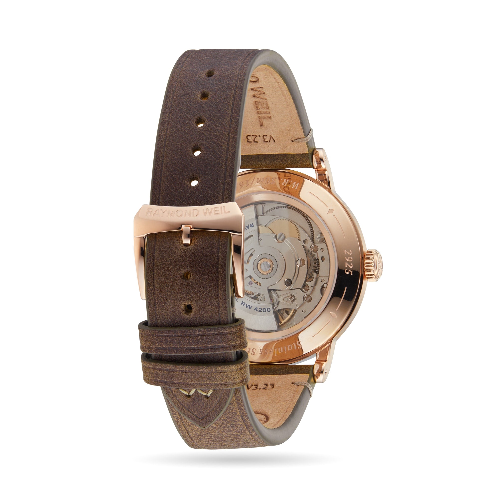 Back view of the Raymond Weil Millesime Automatic Silver Sector Dial watch, featuring a brown leather strap, rose gold clasp, and a visible mechanical movement through its transparent case back.