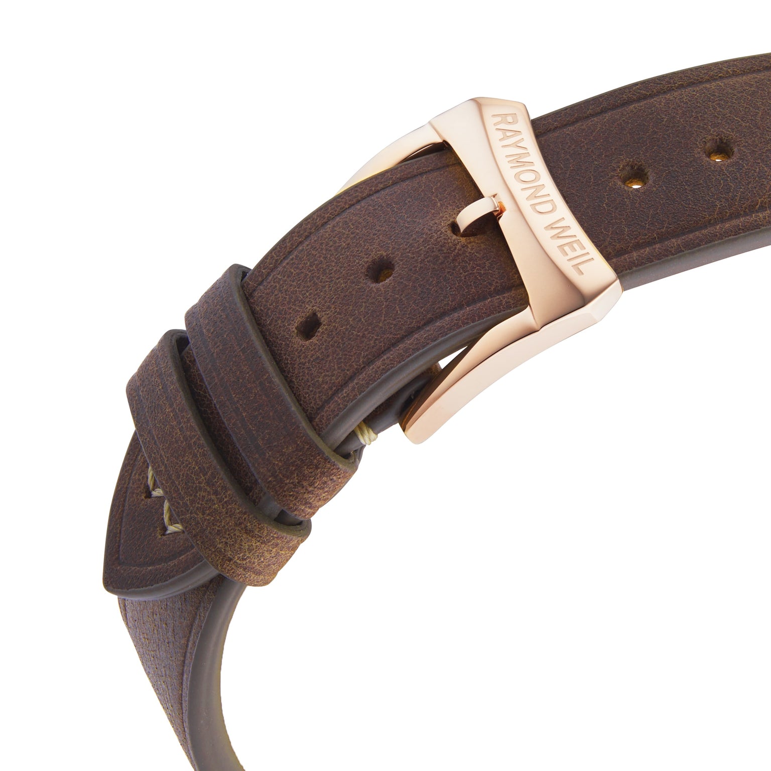 Close-up of a brown leather strap with a gold-tone buckle engraved with Raymond Weil, showcasing the luxurious craftsmanship of the Millesime Automatic Silver Sector Dial.