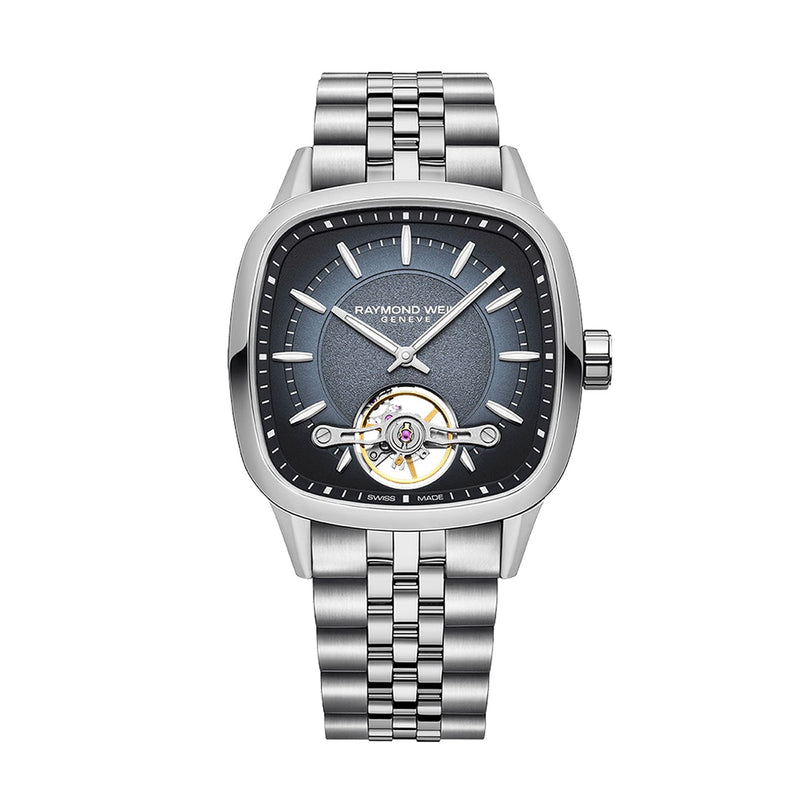 The Raymond Weil Freelancer Calibre RW1212 Automatic features a robust silver case, blue dial with silver hour markers, visible tourbillon, metal link band, and mechanical movement.