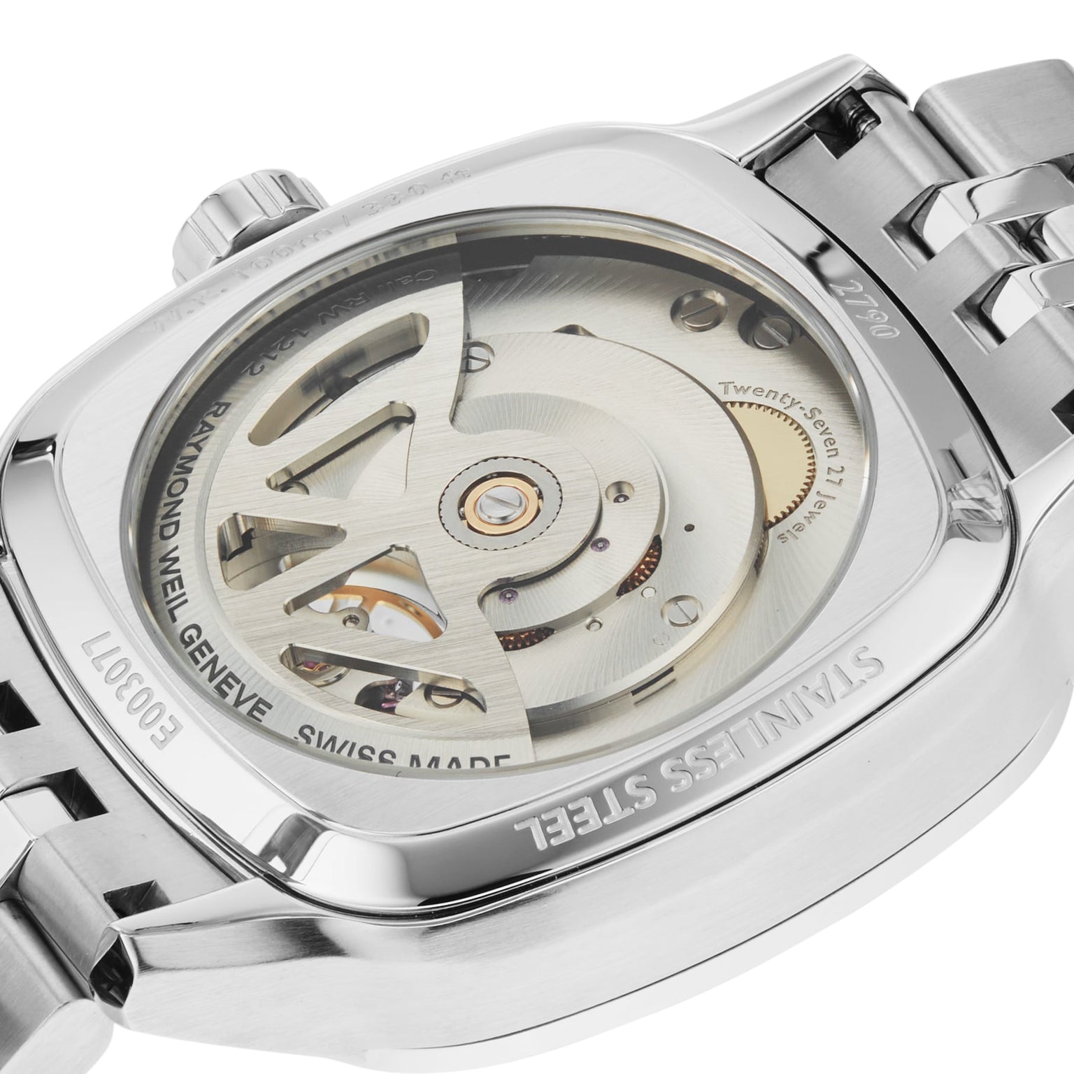 Close-up of the back of the Raymond Weil Freelancer Calibre RW1212 Automatic Green Dial, showcasing its stainless steel case, exposed Calibre RW1212 movement, and engraved details.