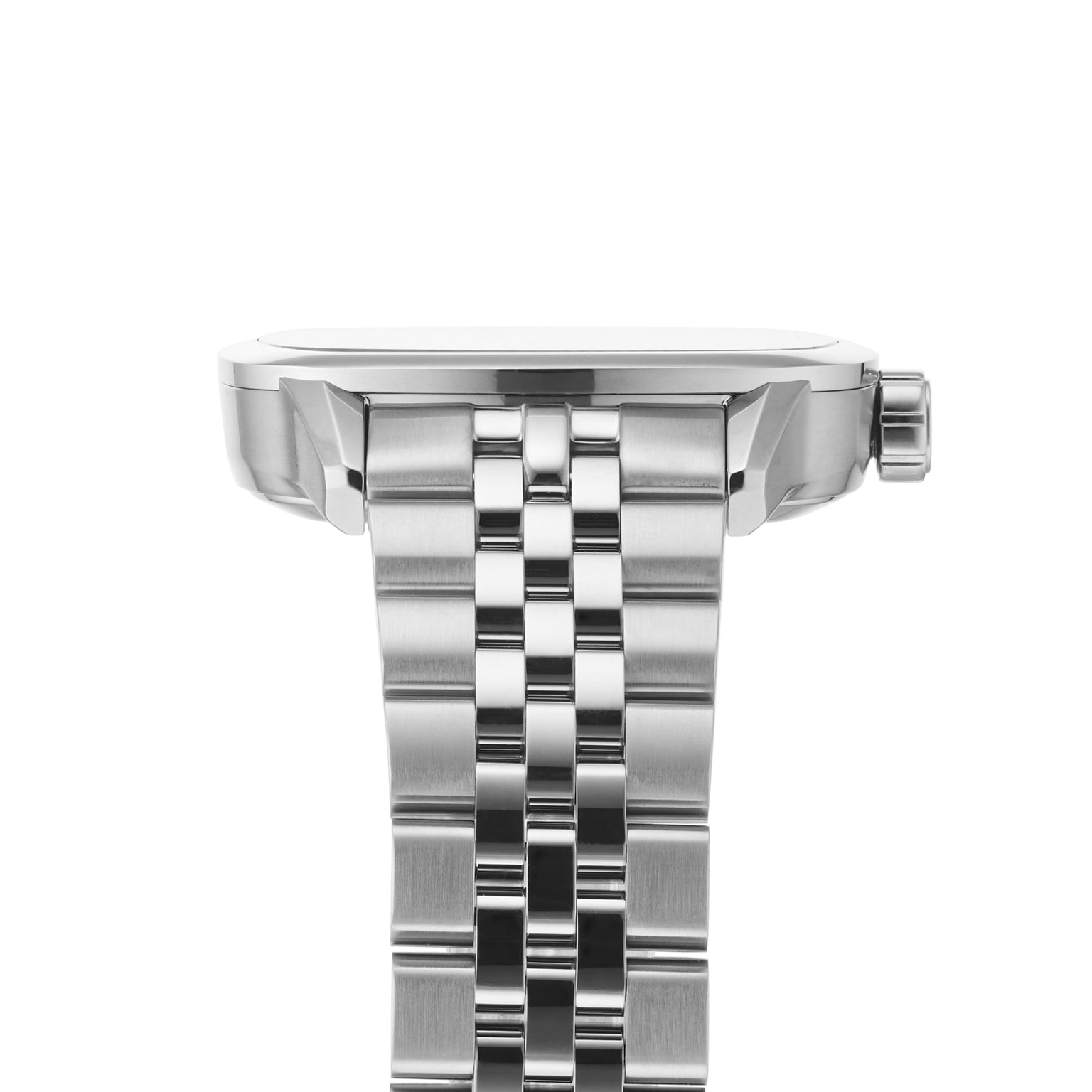 Side view of the Raymond Weil Freelancer Calibre RW1212 Automatic Green Dial wristwatch, showcasing its stainless steel case, metal link bracelet, prominent crown, and signature movement against a plain white background.
