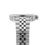 Side view of the Raymond Weil Freelancer Calibre RW1212 Automatic Green Dial wristwatch, showcasing its stainless steel case, metal link bracelet, prominent crown, and signature movement against a plain white background.