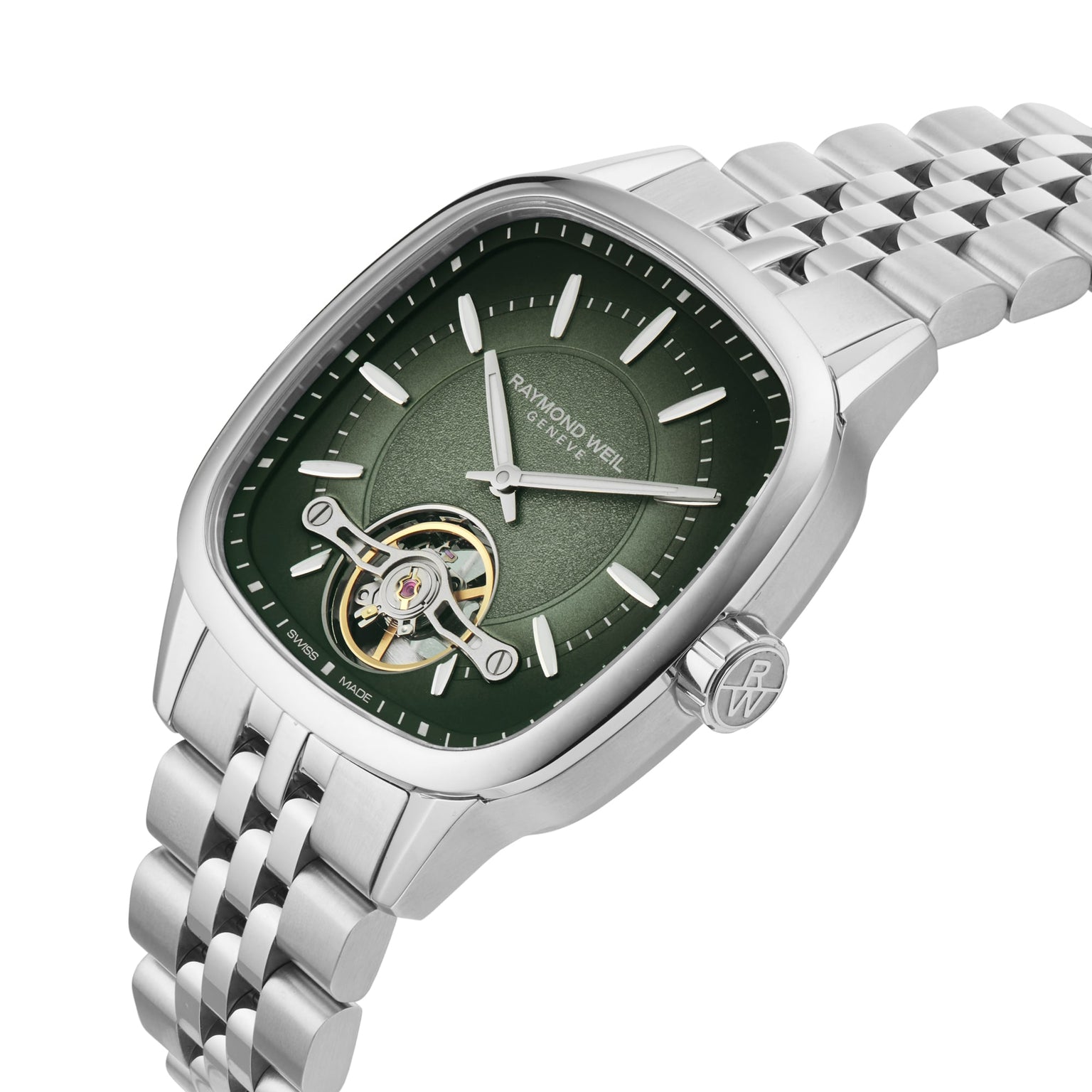 The Raymond Weil Freelancer Calibre RW1212 Automatic features a green dial with open-heart at 6 o’clock and a metal link bracelet, displayed at an angle.