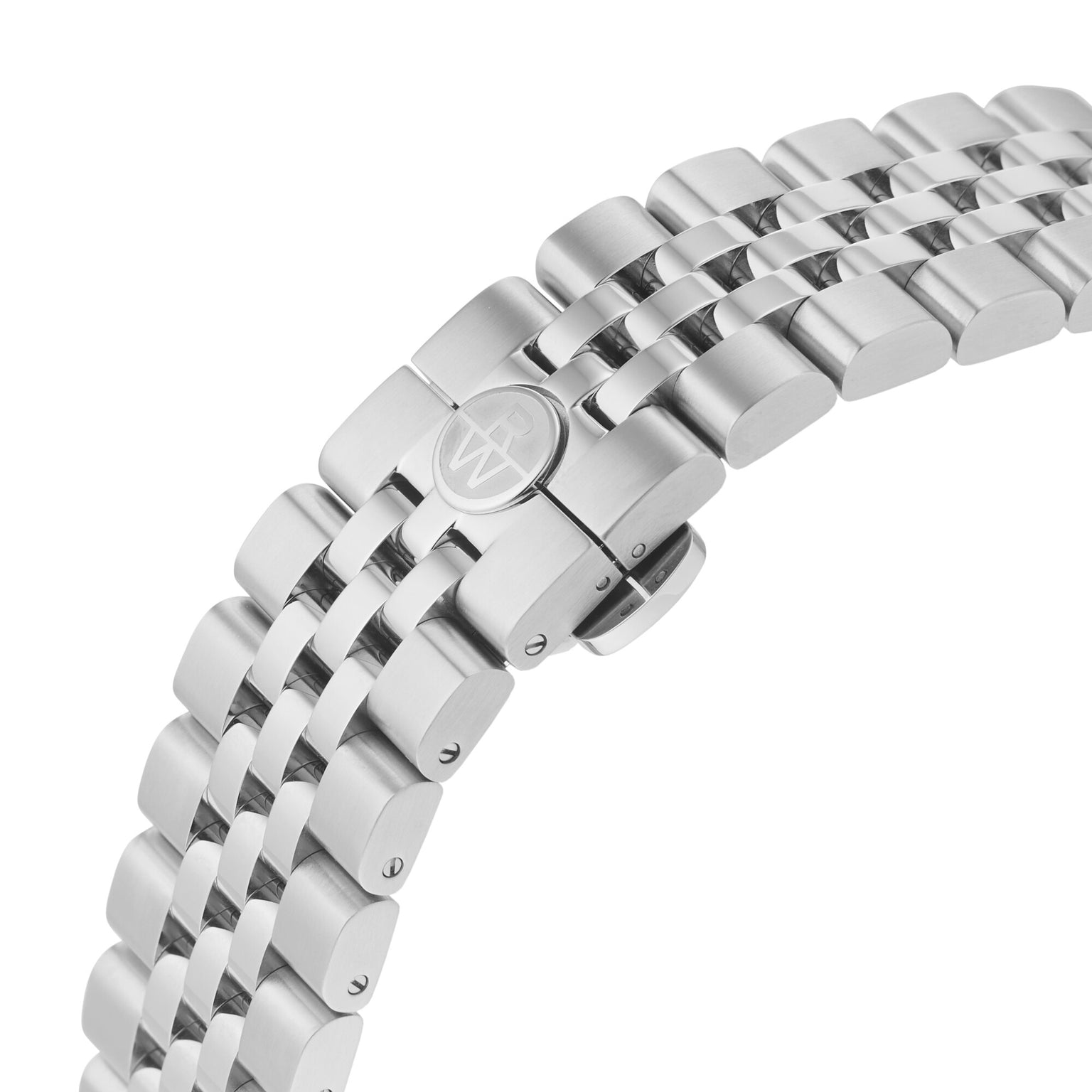 Close-up of a silver metal bracelet with a deployment clasp featuring a circular logo engraving, complementing the distinctive cushion-shaped design of the Raymond Weil Freelancer Calibre RW1212 Automatic Green Dial.