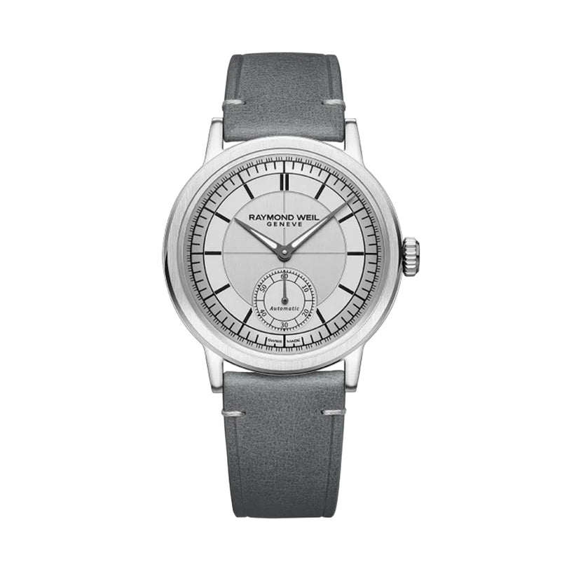 The Raymond Weil Millesime Automatic Small Seconds Silver Sector Dial features a silver dial, black hour markers, small seconds subdial, and a grey leather strap—showcasing timeless horological elegance.