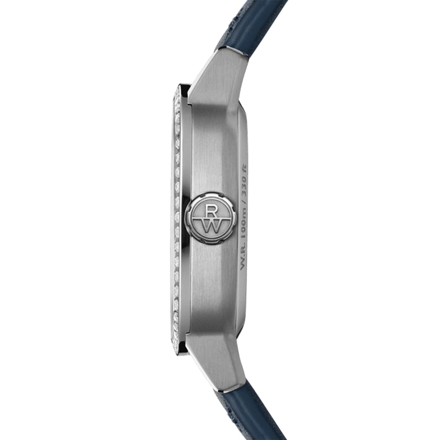 Side view of the Raymond Weil Freelancer Automatic 60 Diamonds Blue Dial wristwatch with a silver cushion-shaped case, textured crown, engraved logo, blue leather strap, and Swiss-made movement against a white background.