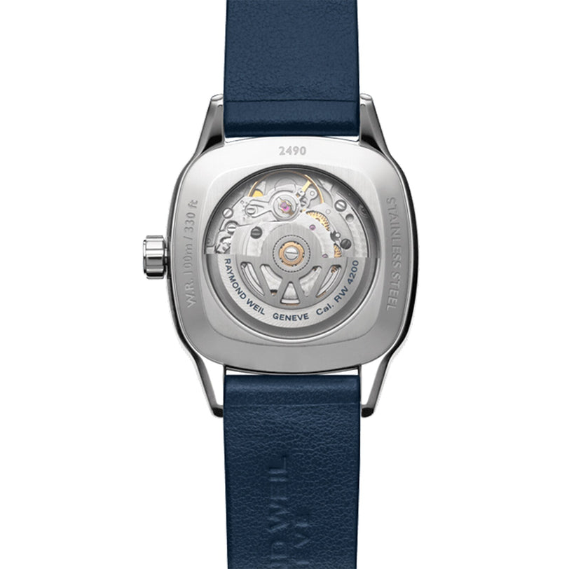 Back view of the Raymond Weil Freelancer Automatic 60 Diamonds Blue Dial, featuring a blue leather strap, cushion-shaped stainless steel case, and Swiss-made movement visible through its transparent caseback.