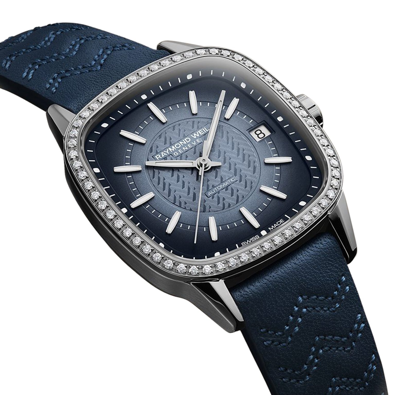 The Raymond Weil Freelancer Automatic 60 Diamonds Blue Dial features a blue textured dial, diamond-studded bezel, date at 3 oclock, and a wavy-pattern blue leather strap.