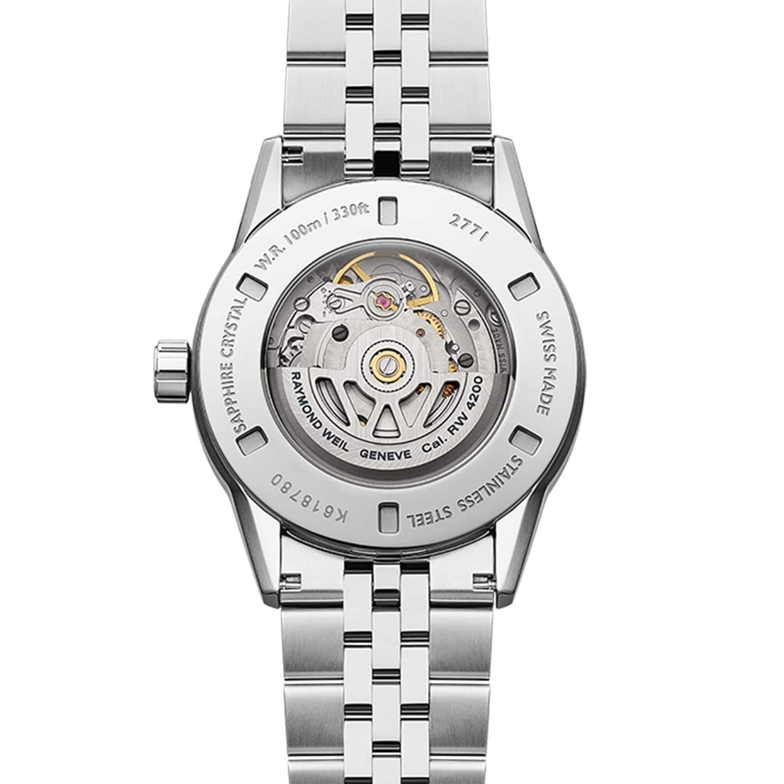 The image shows the back of the Raymond Weil Freelancer Automatic Olive Green Dial, featuring a stainless steel case with a see-through case back that reveals its automatic movement and engraved specifications.