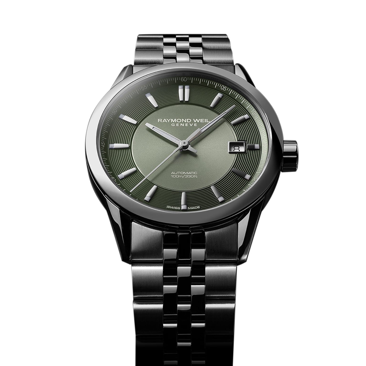 The Raymond Weil Freelancer Automatic features a Swiss-made stainless steel case, olive green dial, silver hour markers, date at 3 oclock, and a sleek metal bracelet.