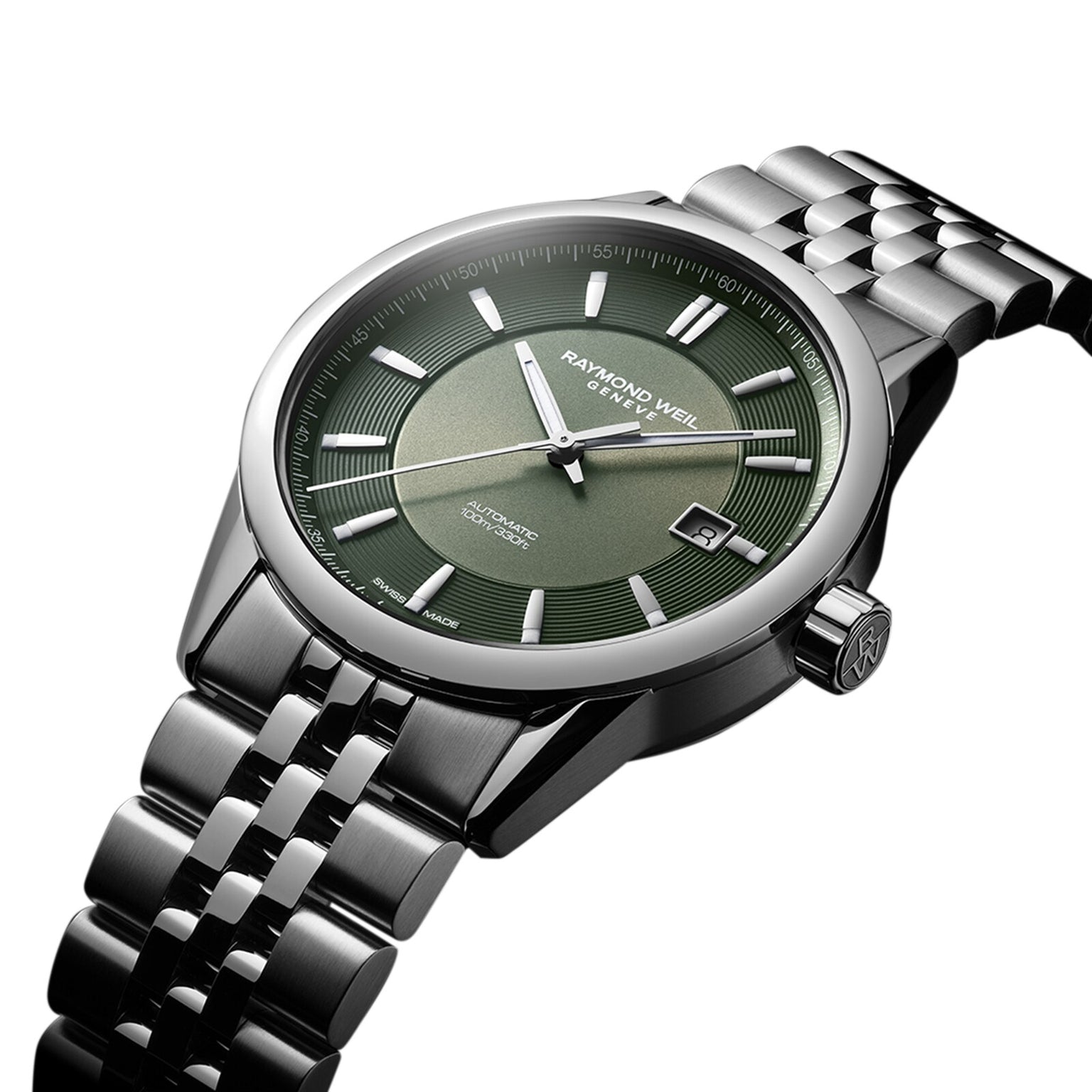 The Raymond Weil Freelancer Automatic Olive Green Dial features a stainless steel case, olive green dial, silver hands and hour markers, a date window at 3 o’clock, and a sleek metal link bracelet.