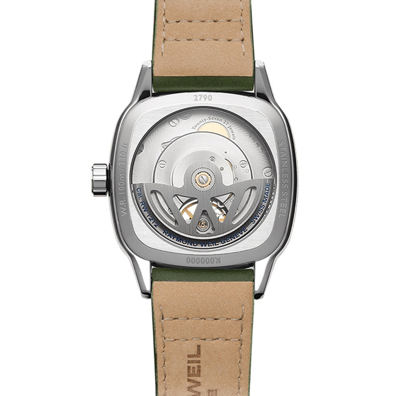 The image shows the back of the Raymond Weil Freelancer Calibre RW1212 Automatic Green Dial, featuring a Swiss-made automatic movement, stainless steel case, and a tan leather strap with green edges.