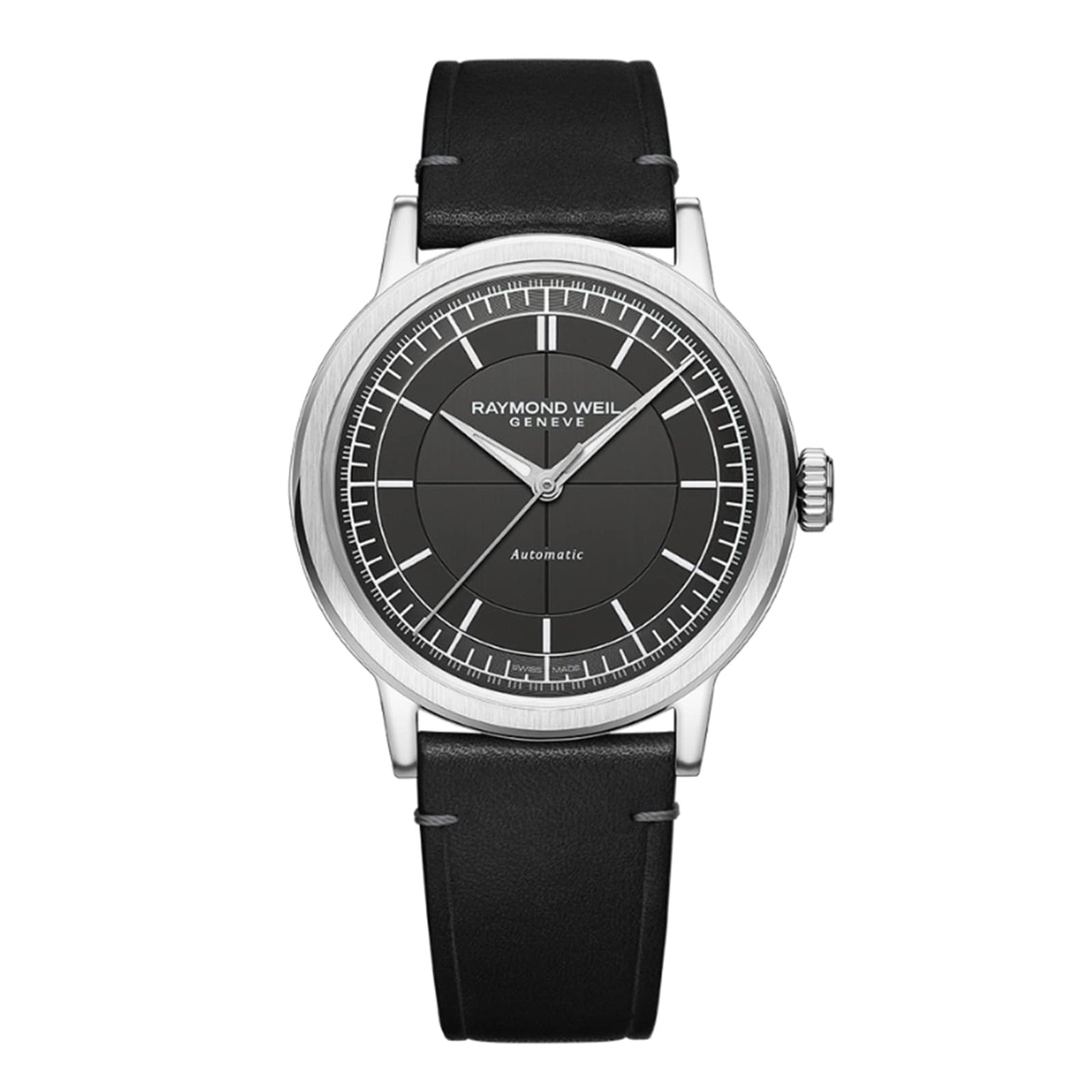 The Raymond Weil Millesime Automatic Grey Sector Dial features a black leather strap, stainless steel case, grey sector dial with silver markers, sapphire crystal, and displays the time 10:10.