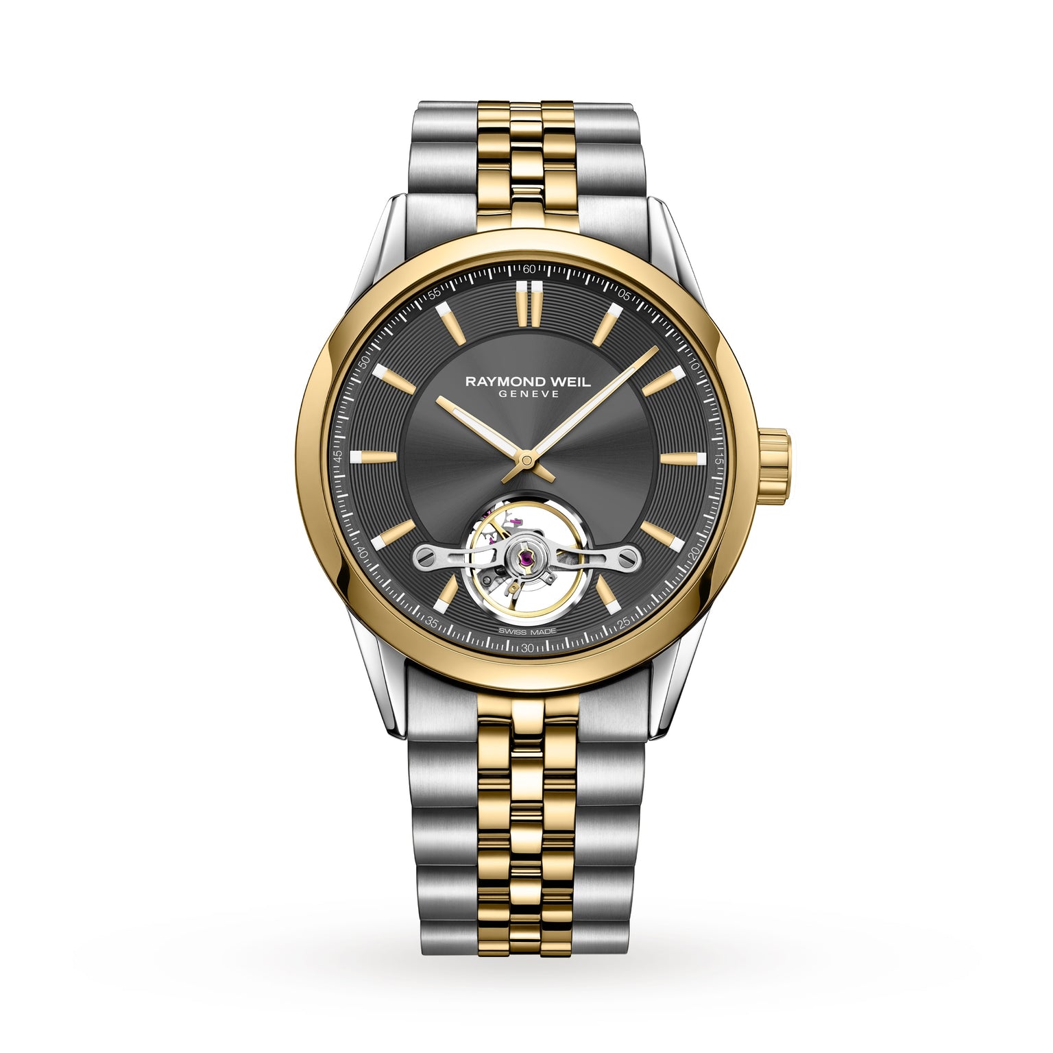 The Raymond Weil Freelancer Automatic Grey Dial wristwatch features a gray dial, gold bezel, two-tone bracelet, and visible tourbillon at 6 oclock—an elegant design that epitomizes fine mechanical watchmaking.
