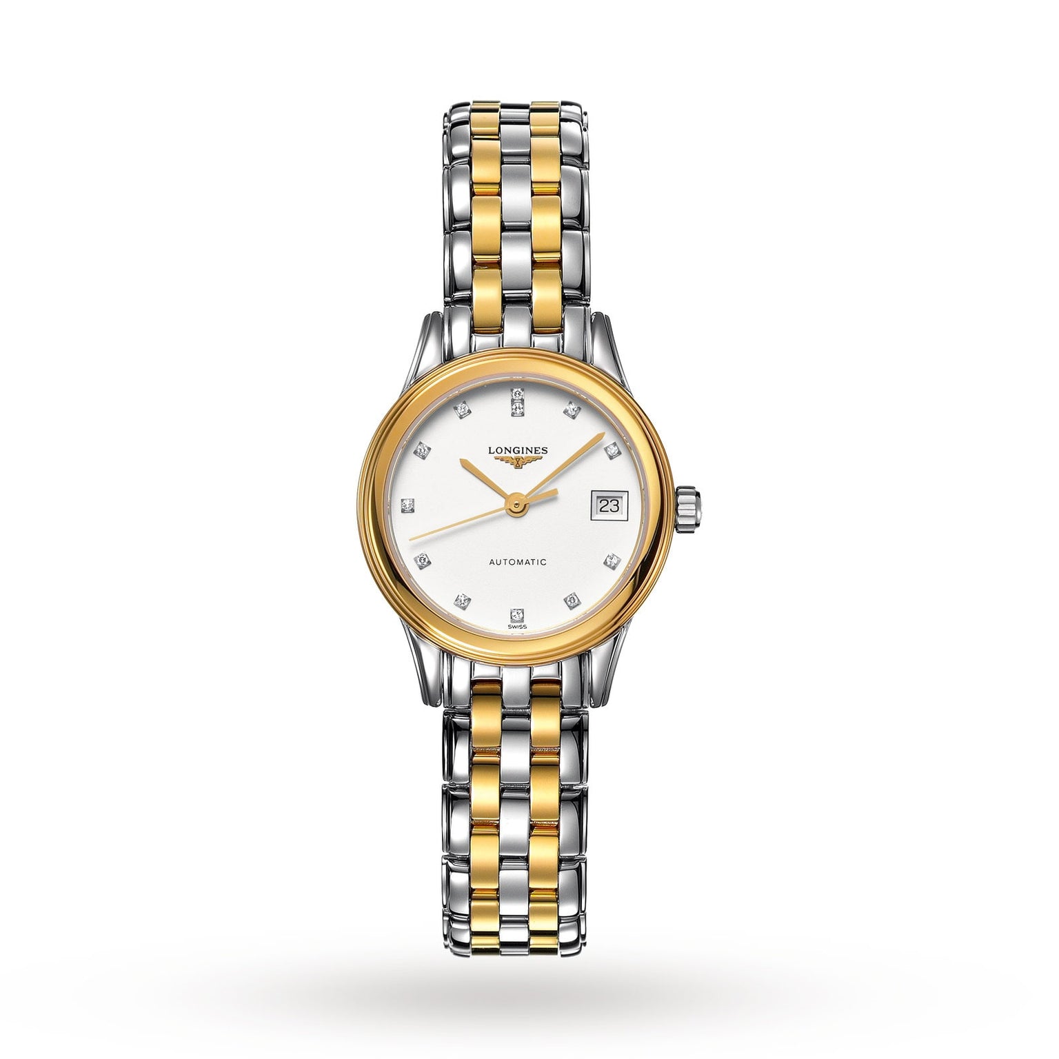 The Longines Flagship is a two-tone silver and gold wristwatch featuring a white dial, gold hands, diamond indexes, a 3 o’clock date window, and an automatic L592 calibre movement.
