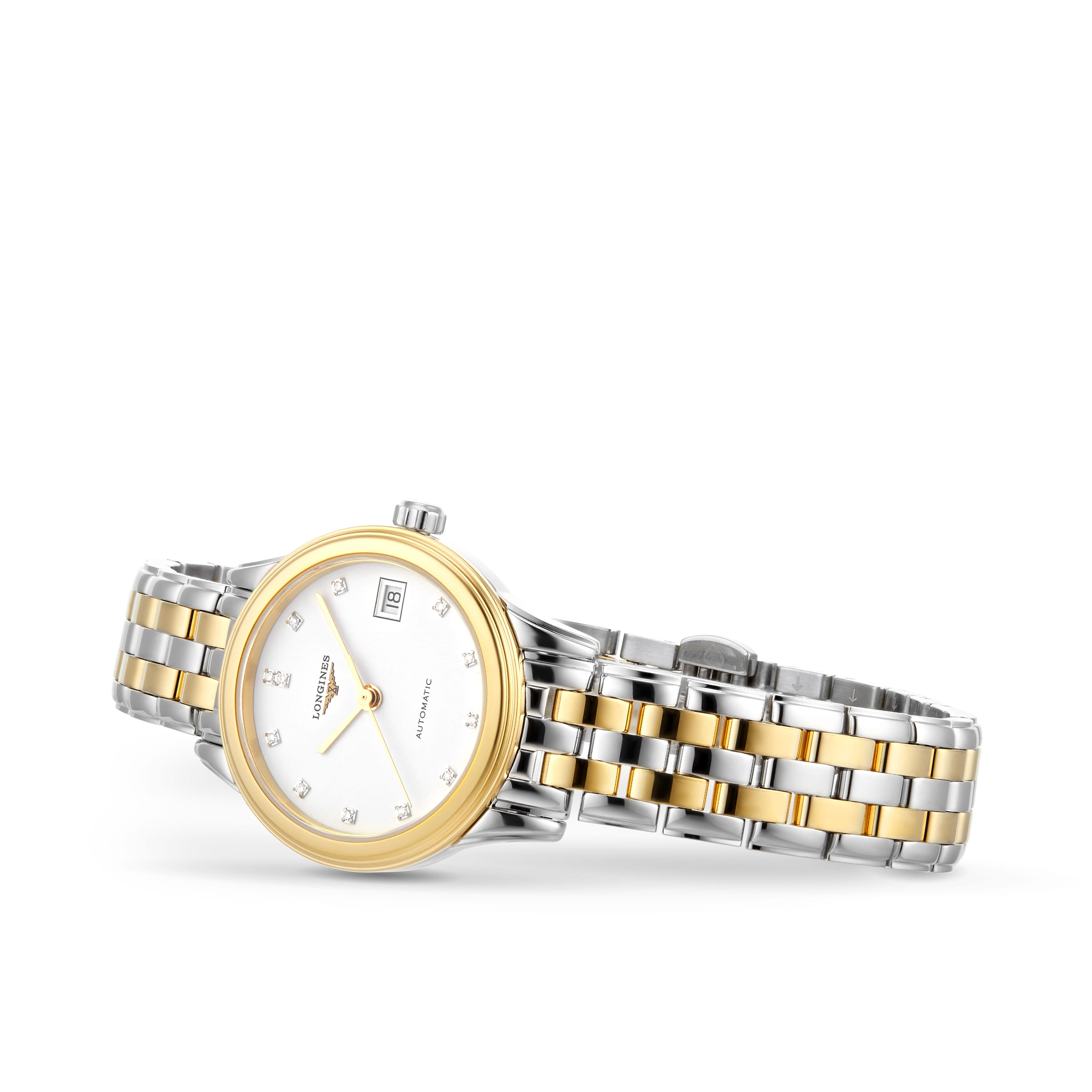 The Longines Flagship wristwatch features a two-tone gold and silver case, white dial with diamond indexes, date window, and a metal link bracelet, shown against a white background.