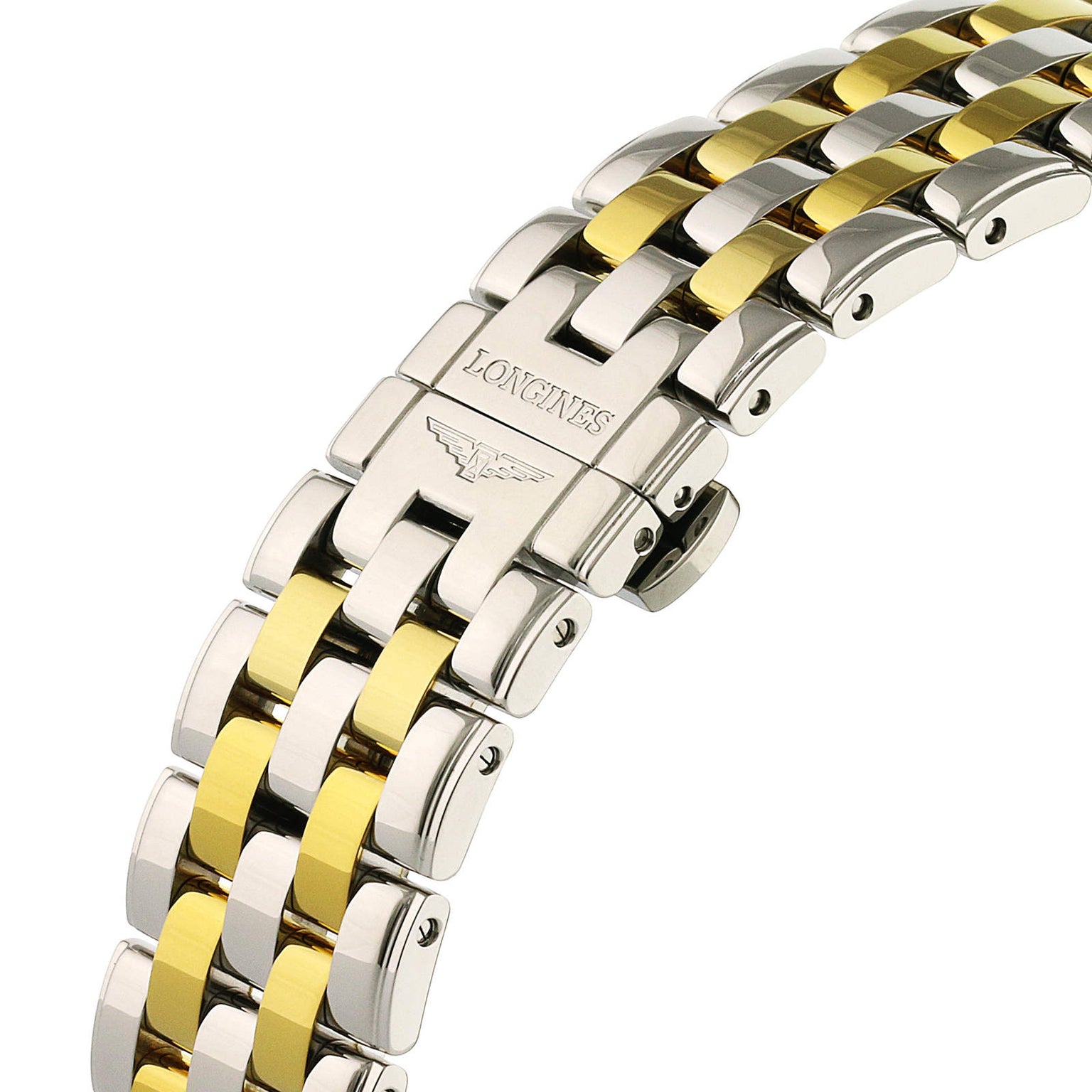 Close-up of a Longines Flagship watch bracelet, showcasing gold and silver links, a branded clasp, and an elegant dial adorned with diamond indexes.