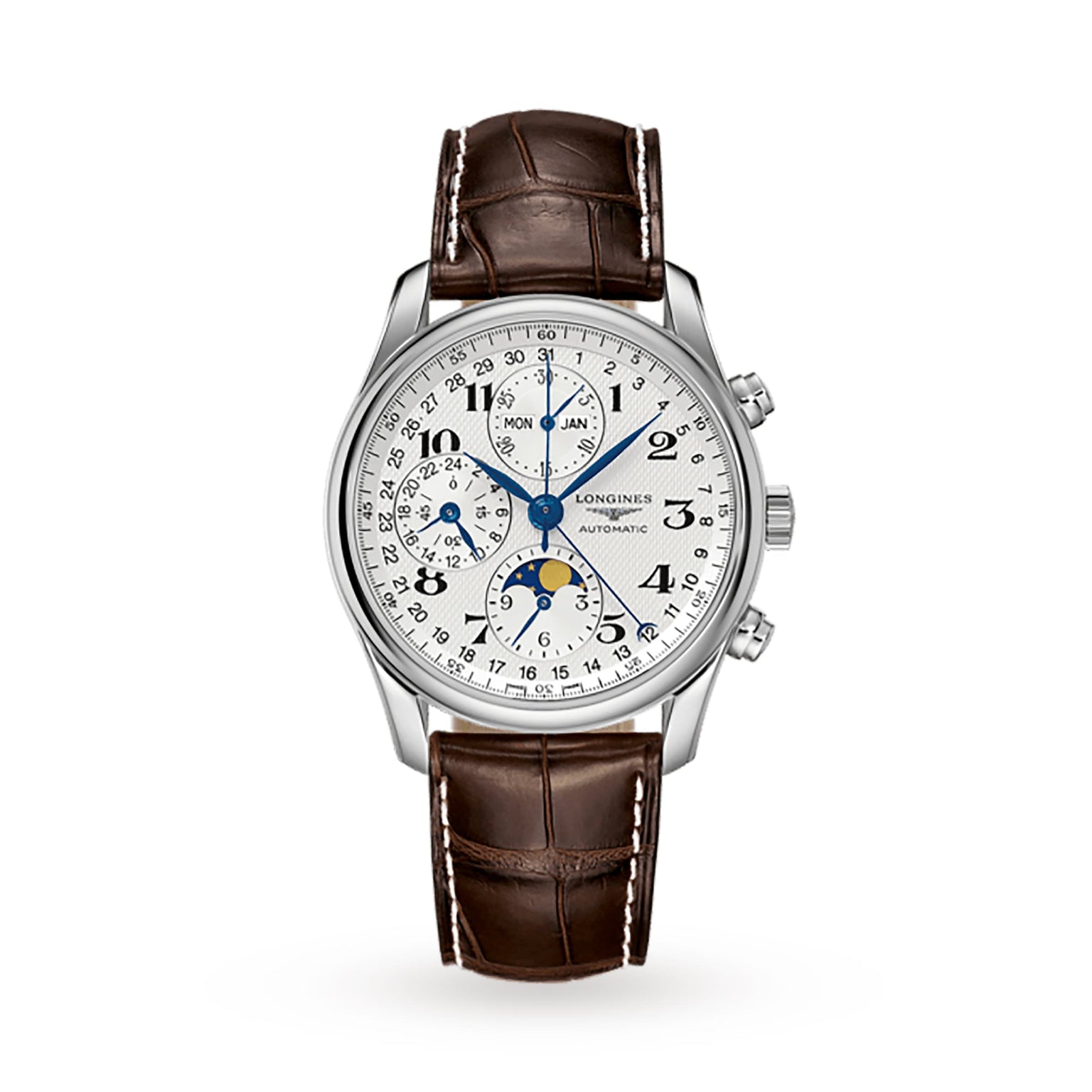 The Longines Master Collection Chrono Moonphase features a stainless steel case, white dial with black numerals, multiple subdials, brown leather strap, and displays time, date, day, month, and moonphase chronograph.