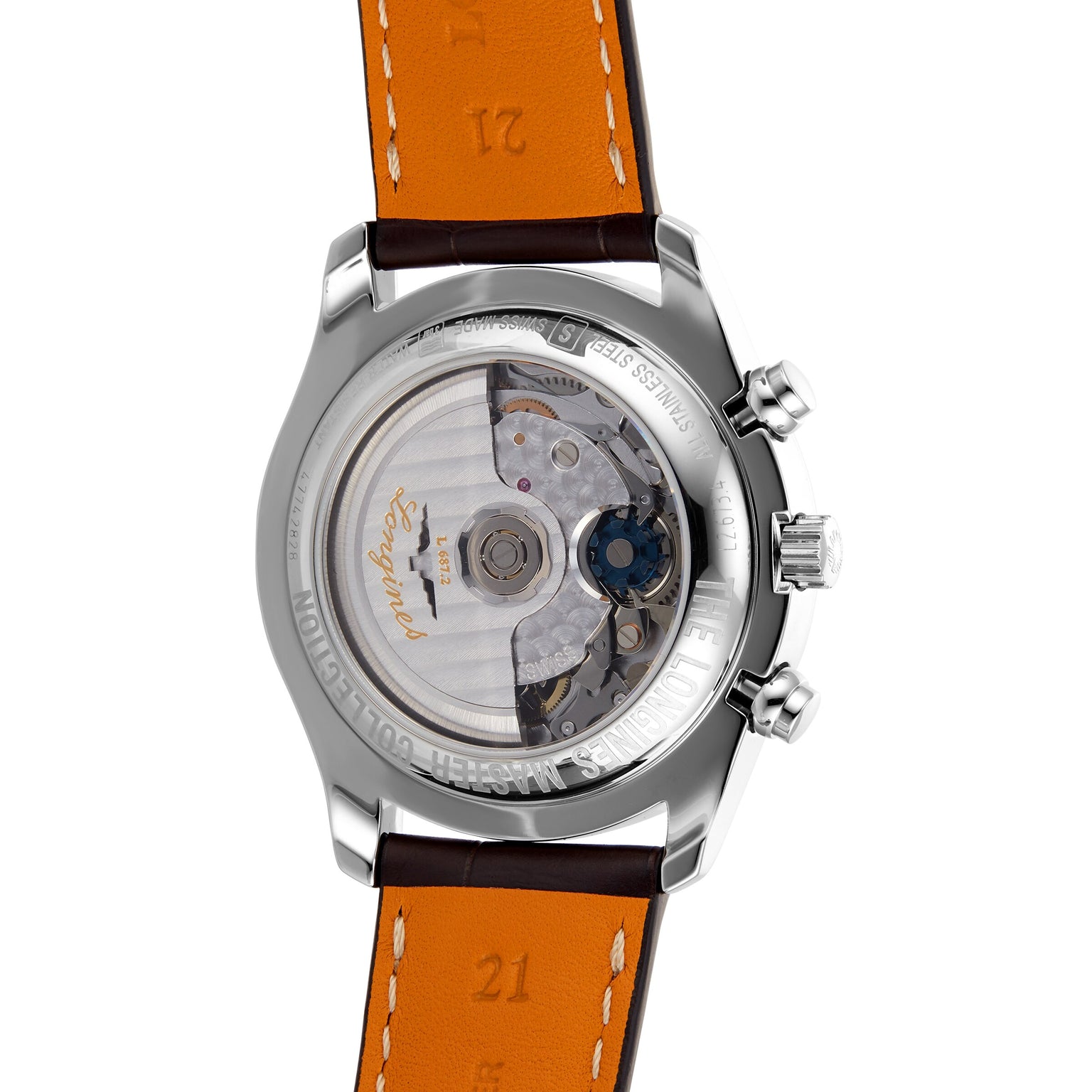 Close-up of the Longines Master Collection Chrono Moonphases transparent stainless steel case back, revealing its mechanical movement, brown leather strap, and engraved branding on the metal casing.