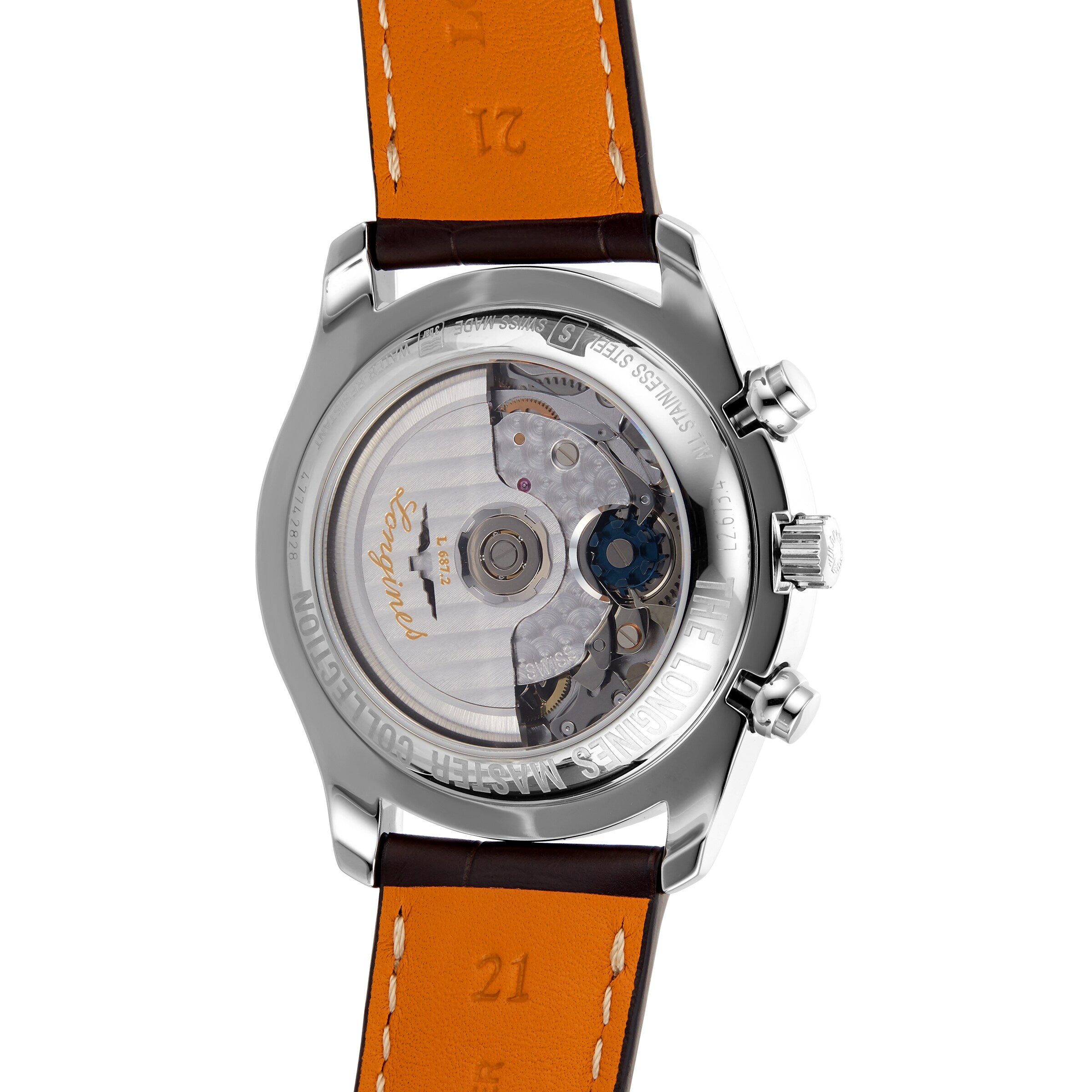 Close-up of the Longines Master Collection Chrono Moonphases transparent stainless steel case back, revealing its mechanical movement, brown leather strap, and engraved branding on the metal casing.