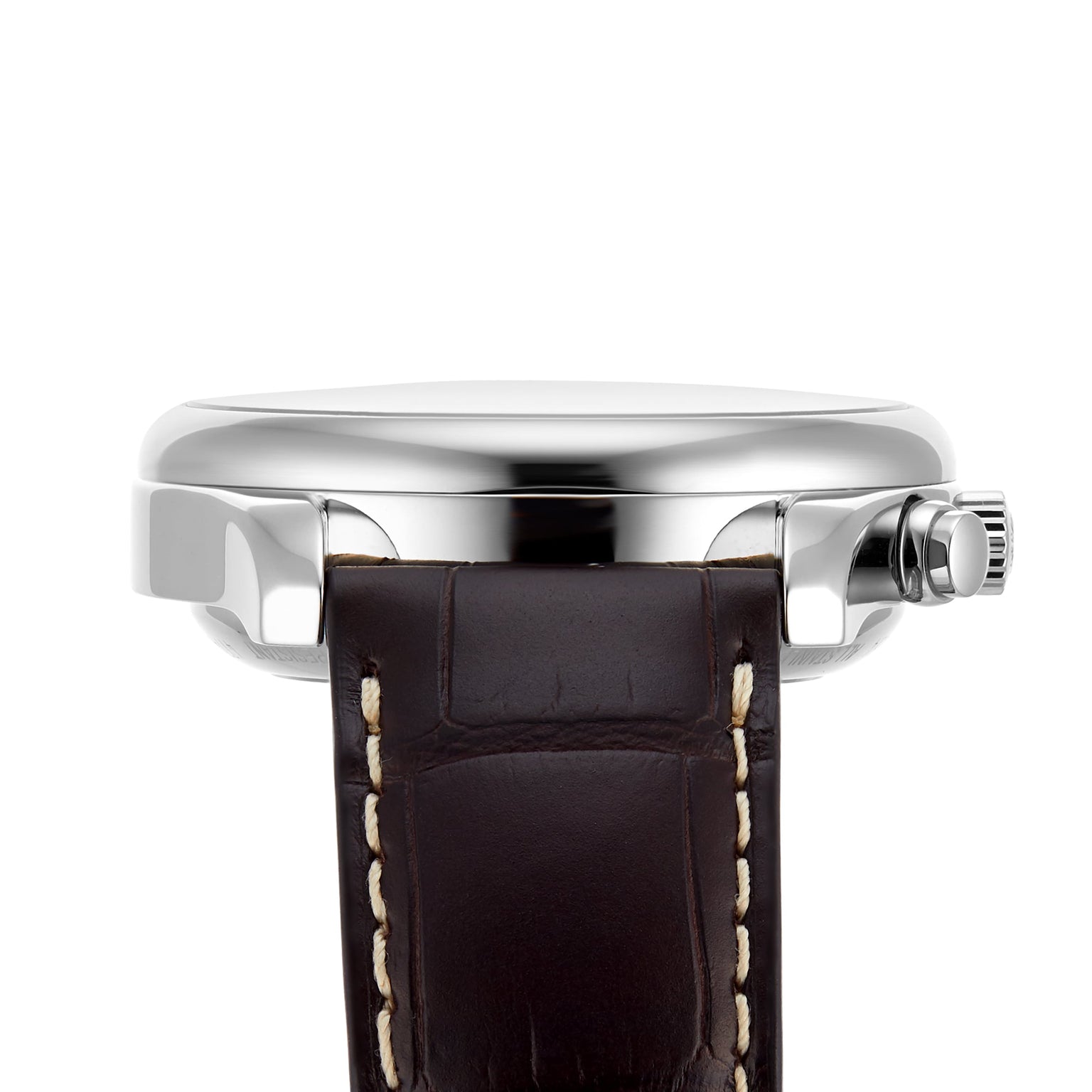 Side view of the Longines Master Collection Chrono Moonphase, featuring a polished stainless steel case, visible crown, and brown leather strap with white stitching.