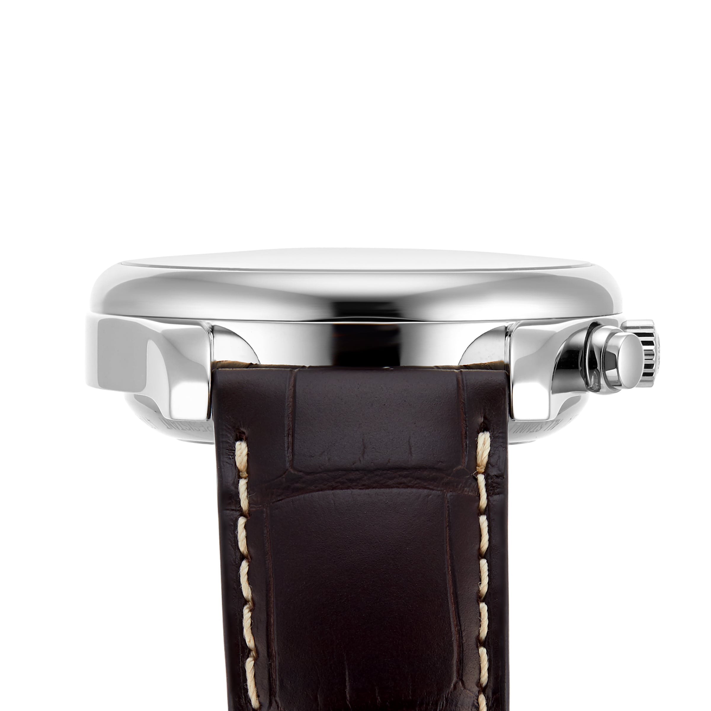 Side view of the Longines Master Collection Chrono Moonphase, featuring a polished stainless steel case, visible crown, and brown leather strap with white stitching.