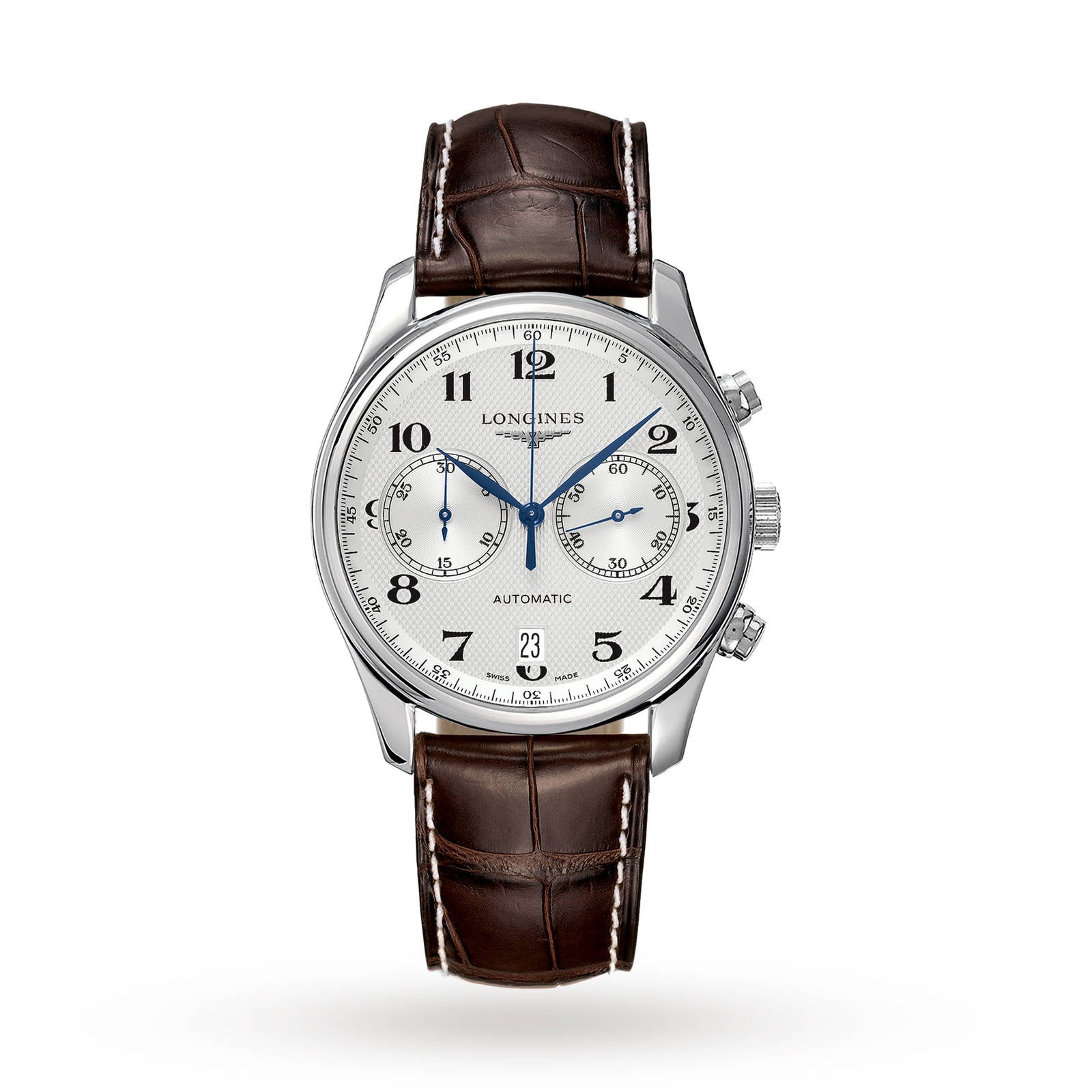 The Longines Master Collection Chronograph features a silver case, white dial, blued steel hands, black Arabic numerals, two subdials, date display at 6 o’clock, and a brown leather strap for classic appeal.