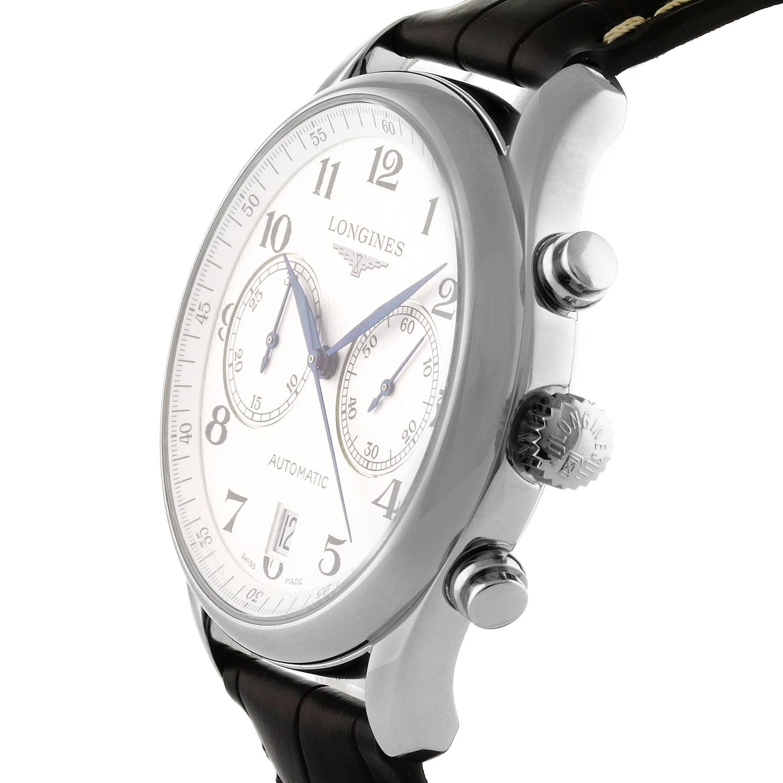 The Longines Master Collection Chronograph is a silver wristwatch with vintage charm, showcasing a white dial, blued steel hands, black numerals, and a black leather strap in an angled side view.