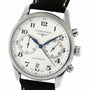 Longines Master Collection Chronograph: silver case, black leather strap, white dial with blue hands and two subdials.