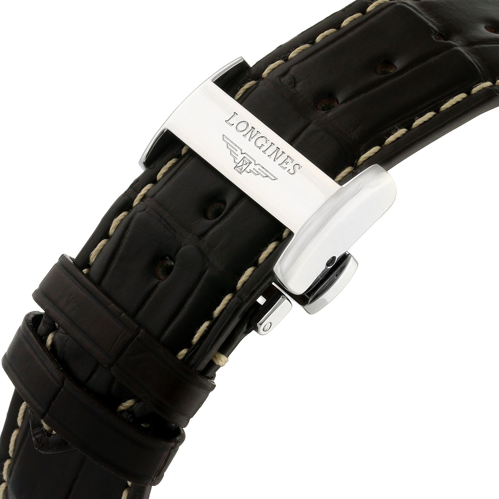 Close-up of a brown leather strap with white stitching and a silver Longines clasp—an elegant detail from the Master Collection Chronograph, renowned for vintage charm.