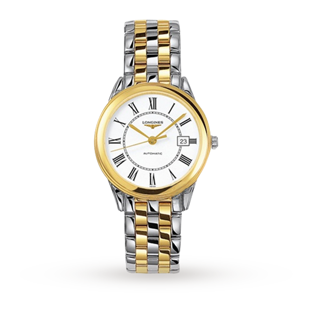 The Longines Flagship wristwatch features a gold and silver design, Roman numerals, and a date window on its white dial.
