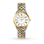 The Longines Flagship wristwatch features a gold and silver design, Roman numerals, and a date window on its white dial.
