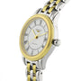 The Longines Flagship is a silver and gold wristwatch featuring Roman numerals and a date display on a white dial.