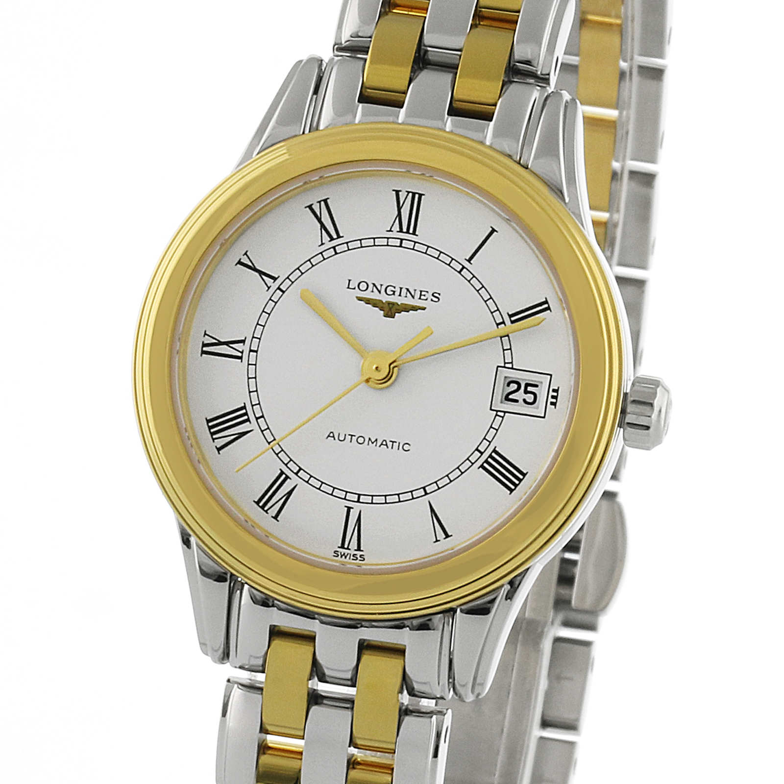 The Longines Flagship wristwatch features a silver and gold design with Roman numerals and a date display at the 3 o’clock position.