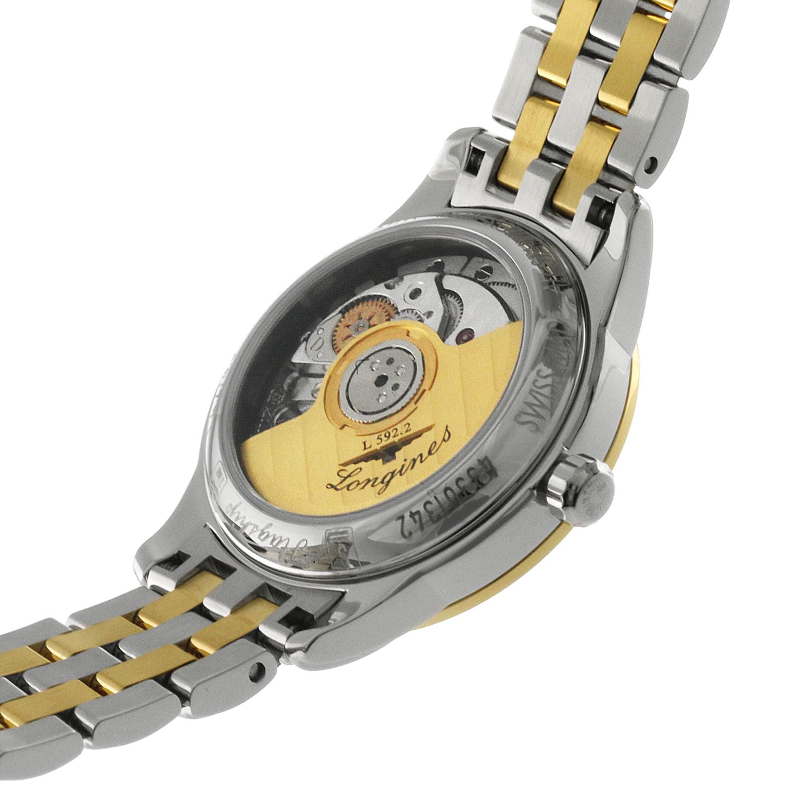 Back view of the Longines Flagship watch displaying its exposed automatic movement and two-tone silver and gold bracelet.