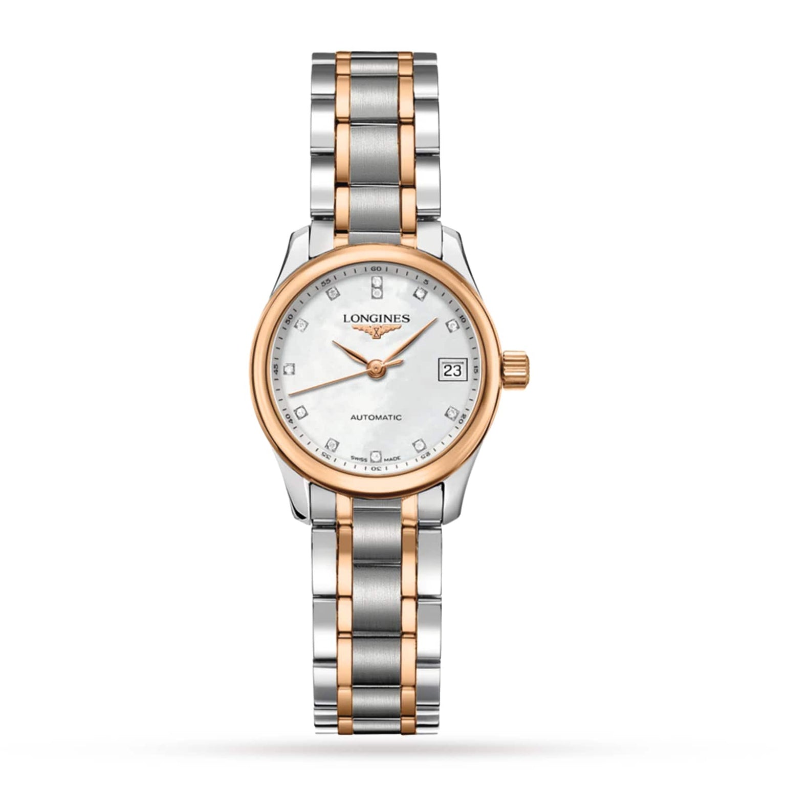 The Longines Master Collection features a two-tone silver and 18K pink gold bracelet, mother-of-pearl dial, diamond hour markers, and a date display at 3 o’clock.