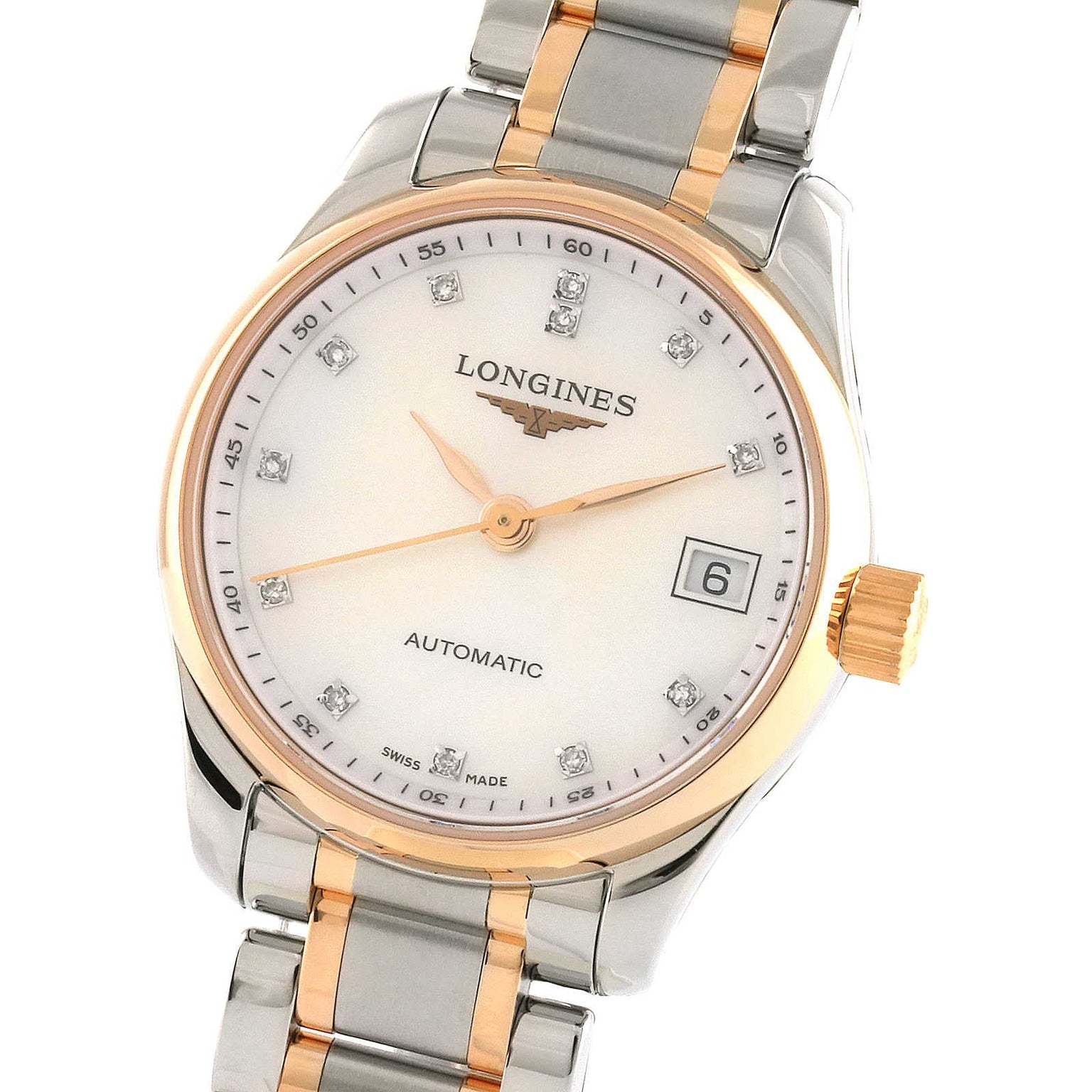 The Longines Master Collection automatic watch features a mother-of-pearl dial, diamond hour markers, silver and rose gold bracelet, and a date display set to the 6th.